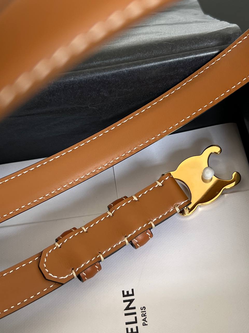 Celine Tan Smooth Calfskin Triomphe Gold Buckle Thin Belt