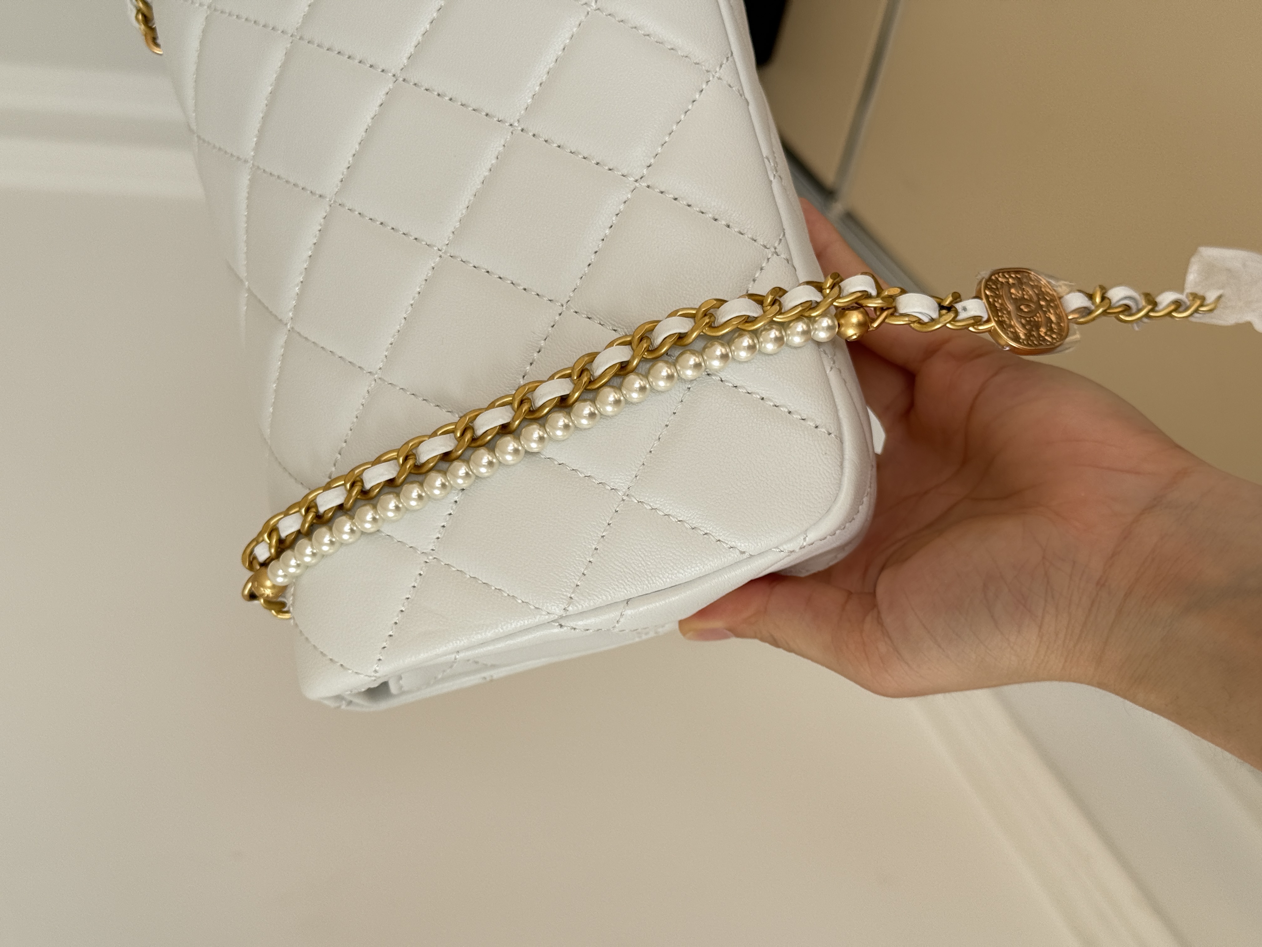 Chanel Mini Classic Flap Quilted Lambskin Pearl Interwoven Chain Bag