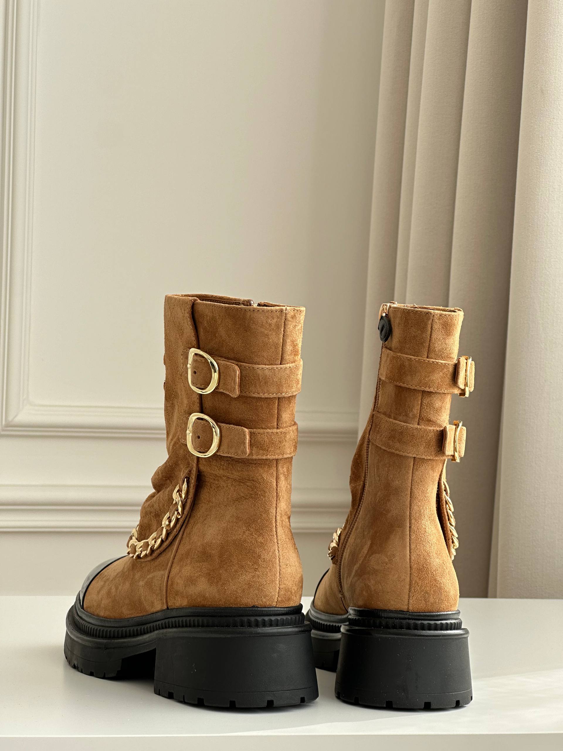 Chanel Quilted Suede & Patent Calfskin Cap-Toe Ankle Boots with Chain Detail