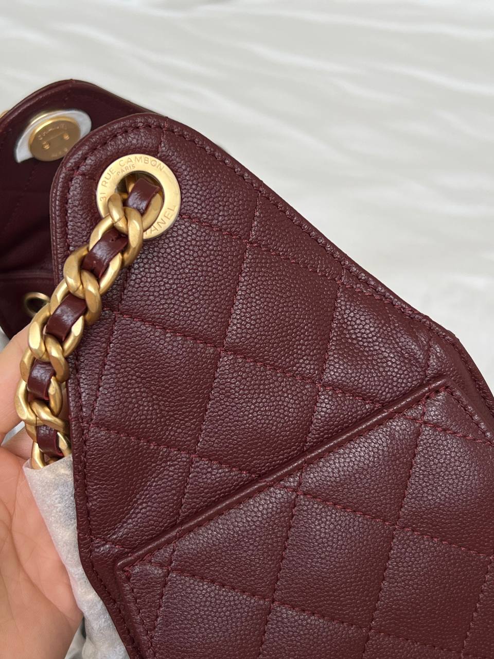 Chanel Burgundy Caviar Leather Quilted CC Drawstring Chain Tote Bag