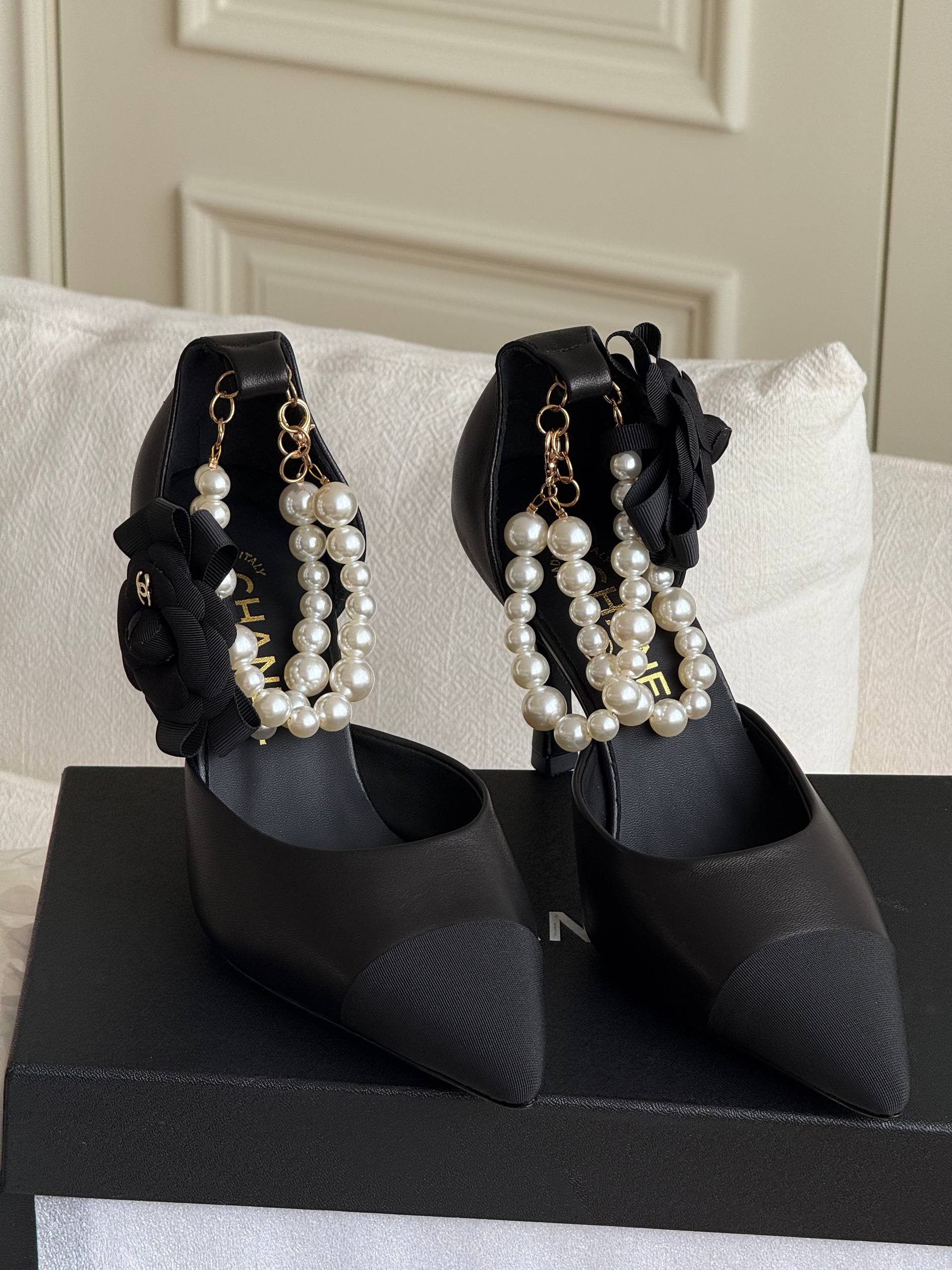CHANEL Camellia Bow Pearl Ankle Strap Pointed Toe High Heel Sandals