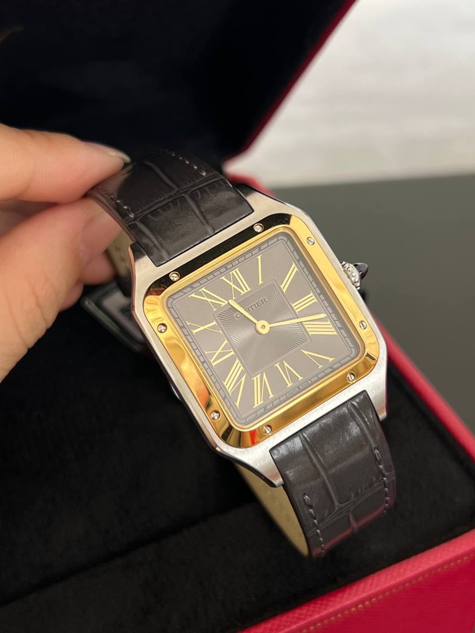 Cartier Santos de Cartier Watch with Black Dial, Gold Case and Black Strap