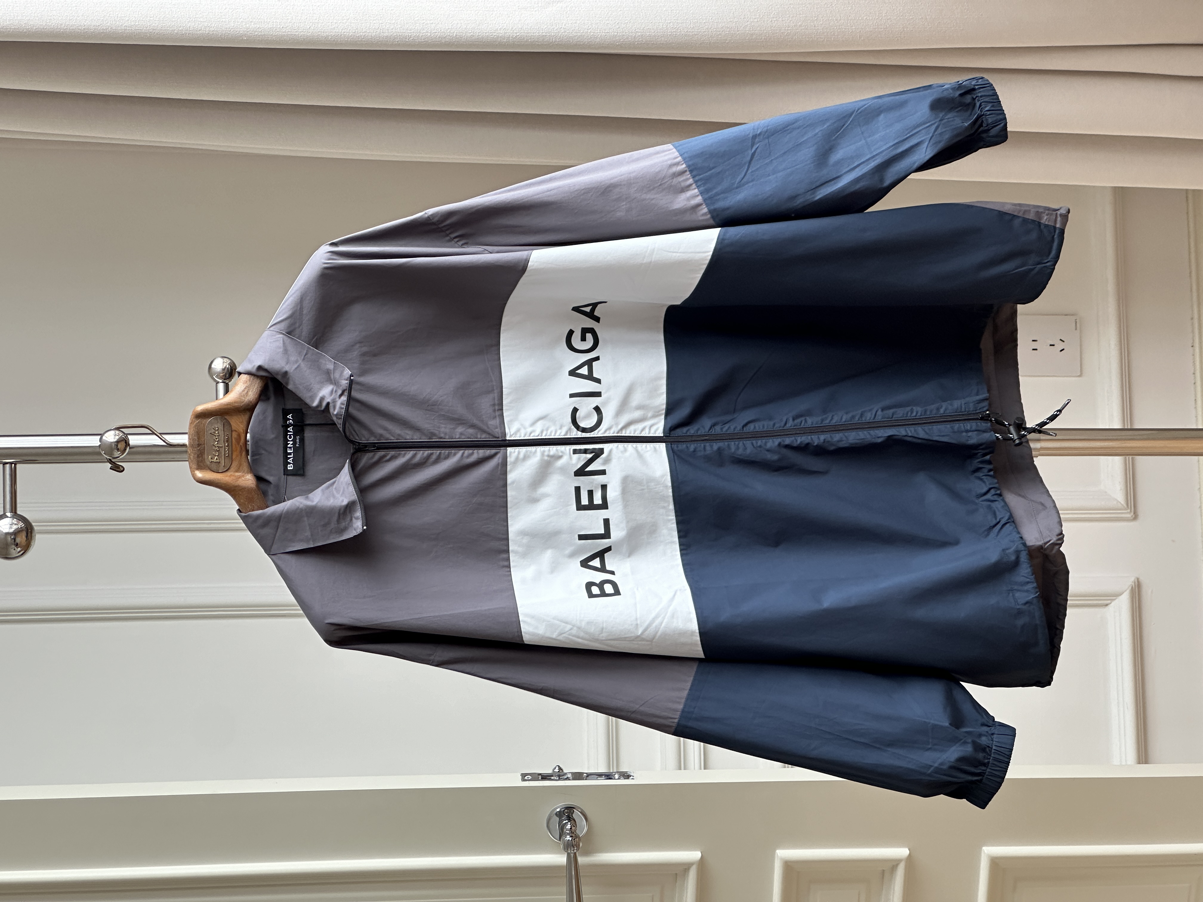 Balenciaga Grey White Navy Color Block Logo Collared Windbreaker Jacket