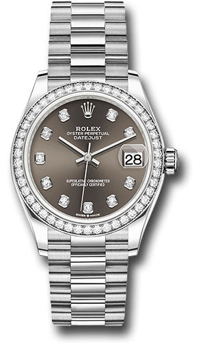 Rolex White Gold Datejust 31 Watch - Diamond Bezel - Dark Grey Roman Dial - President Bracelet - 278289RBR dkgrdp【1:1 Replica】