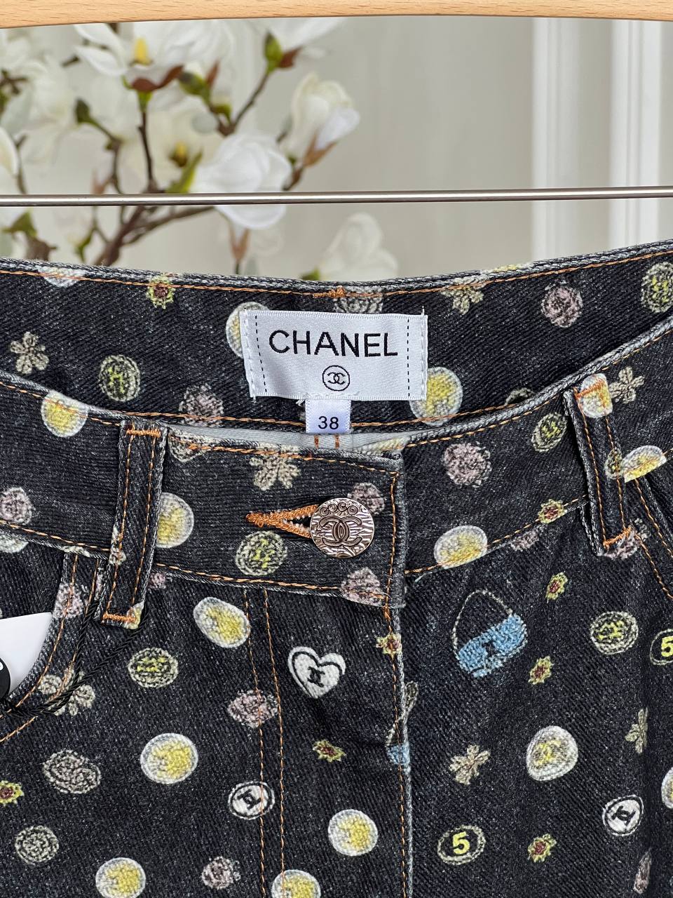 Chanel Dark Denim Playful Multi-pattern Printed Wide-Leg Jeans