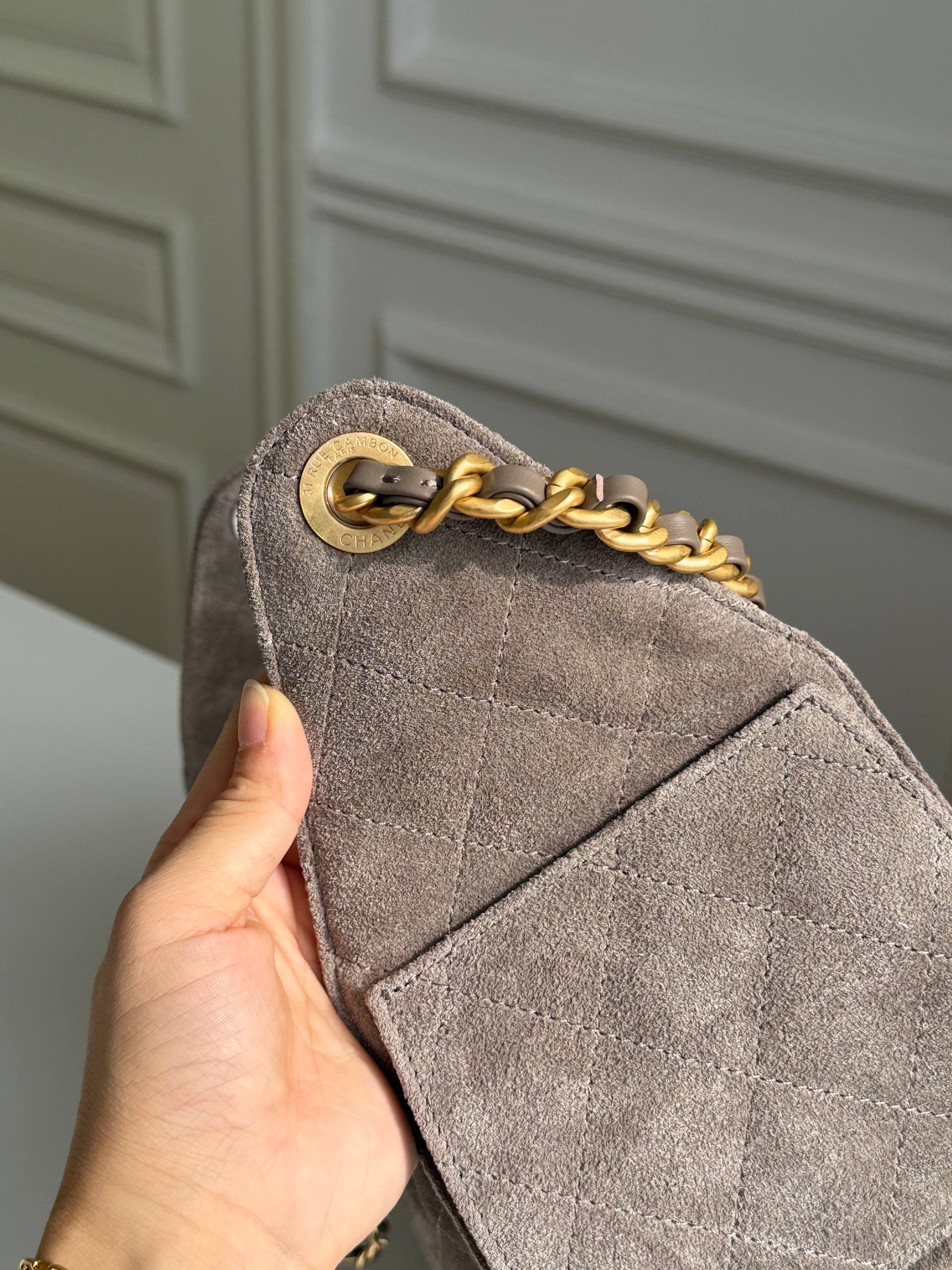 Chanel 25C Suede Quilted Drawstring Hobo Bag