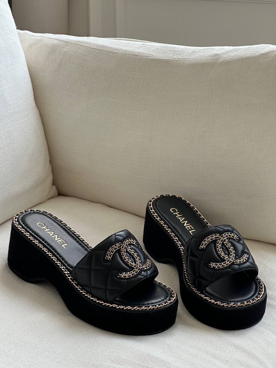 CHANEL Quilted Leather Wedge Sandals with Chain CC Logo