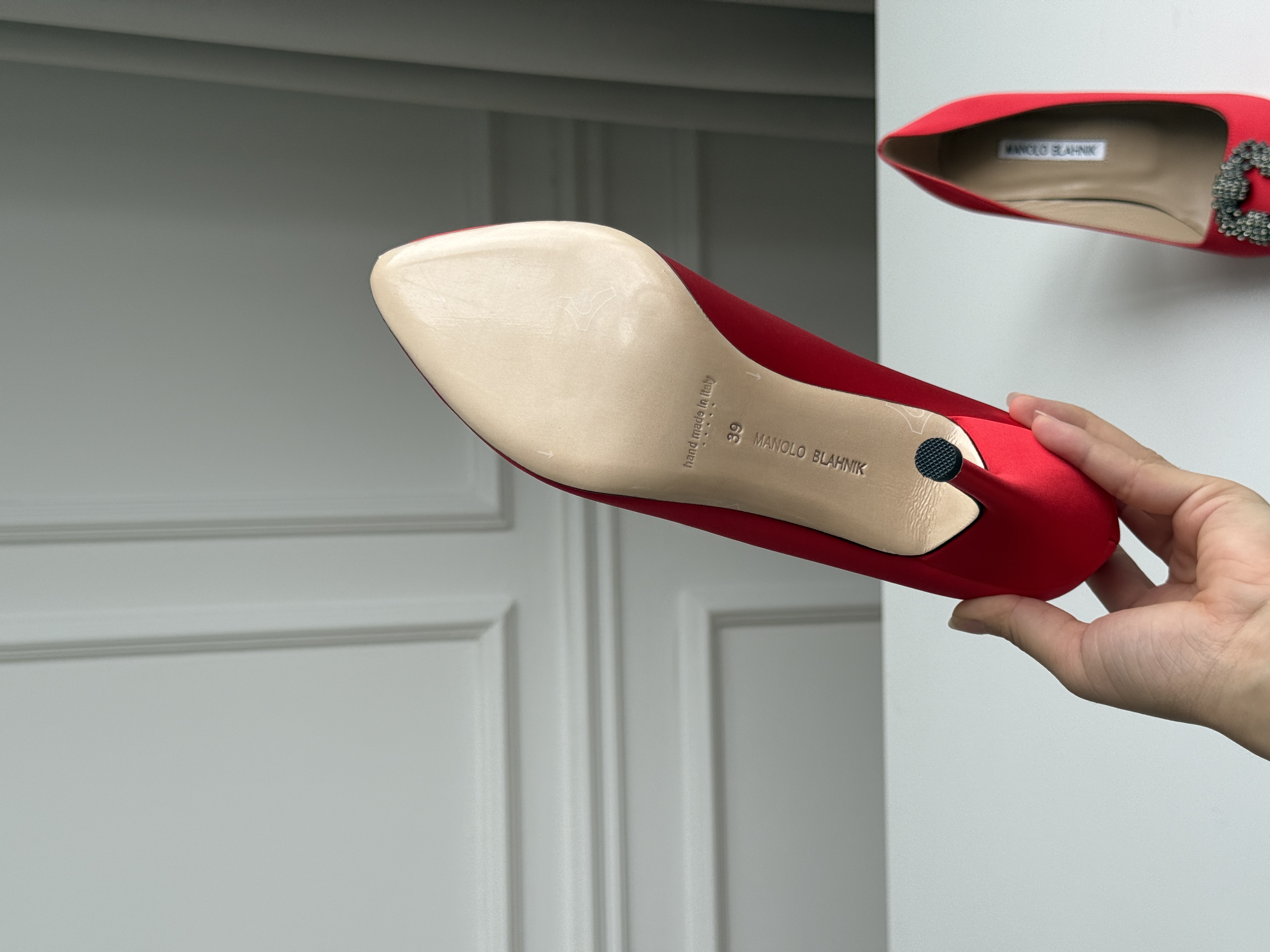 Manolo Blahnik Hangisi Red Satin Jewel Buckle Pumps