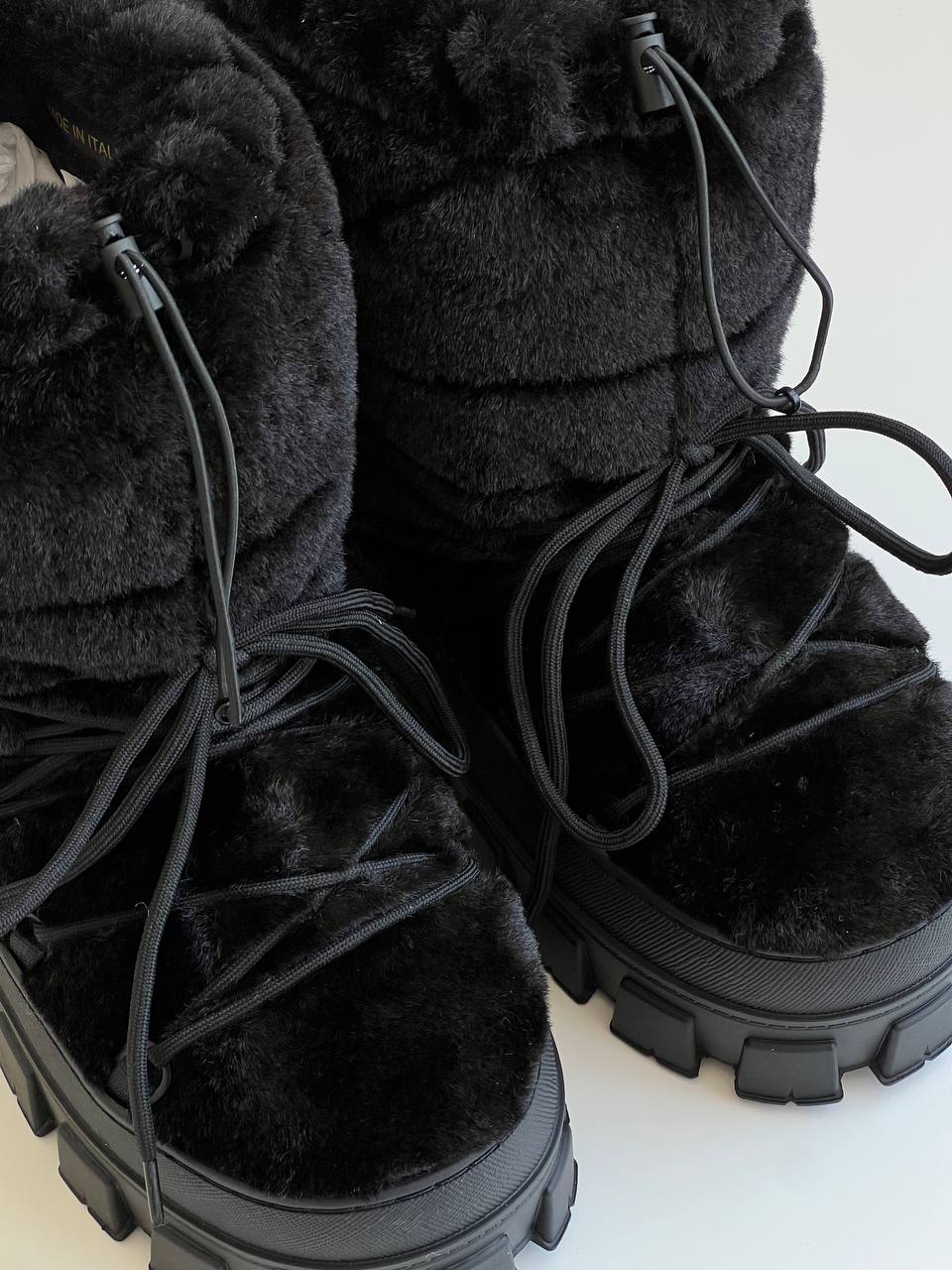 Prada Black Faux Fur Triangle Logo Drawstring Lace-Up Platform Chunky Mid-Calf Snow Boots