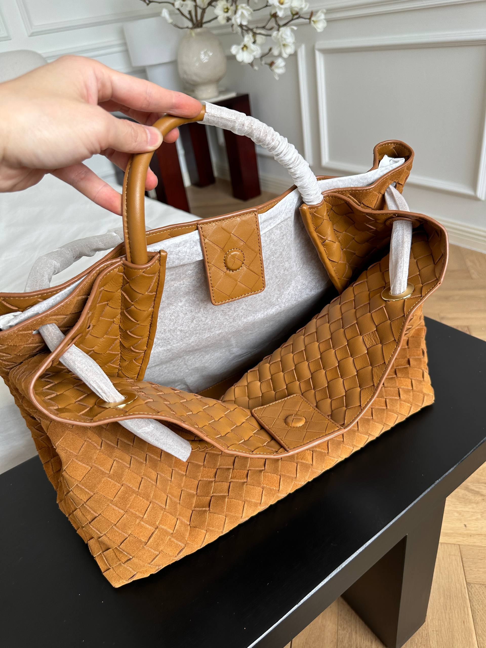 Bottega Veneta Caramel Suede Intrecciato Woven Andiamo Large Tote Bag