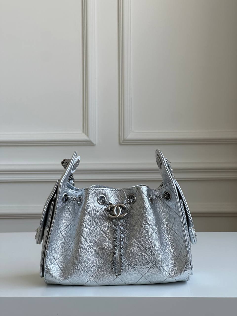 CHANEL Metallic Caviar Quilted Drawstring Bucket Bag