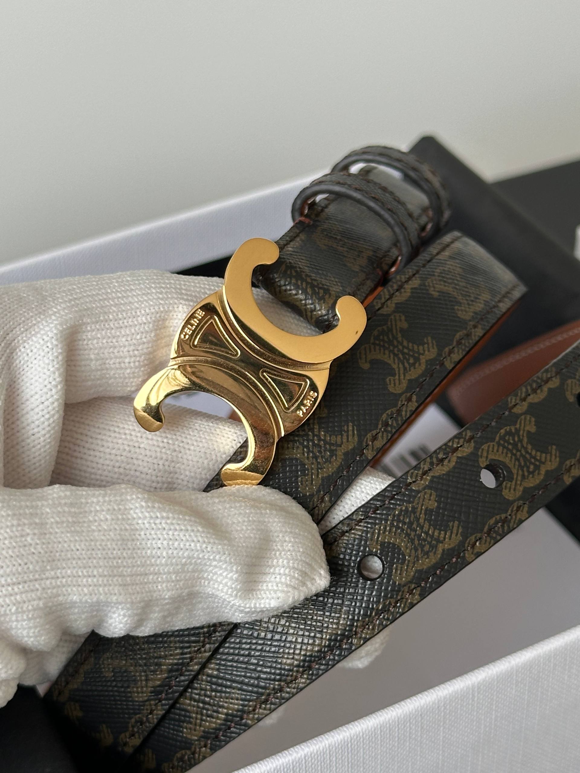 Celine Triomphe Gold Buckle Monogram Coated Canvas Leather Belt