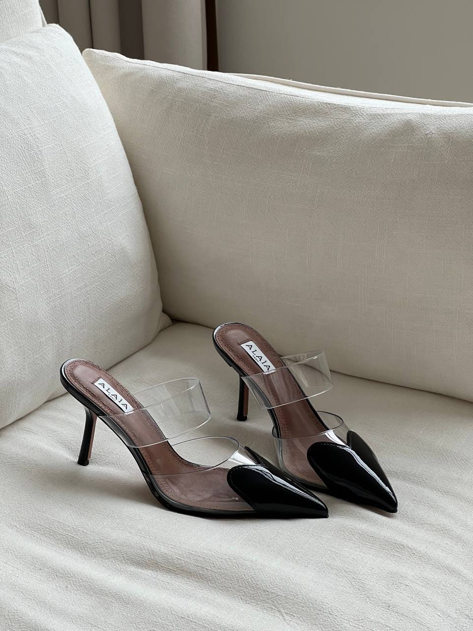 Alaïa Black Patent Leather Clear PVC Double Strap Pointed Toe High Heel Mule Sandals