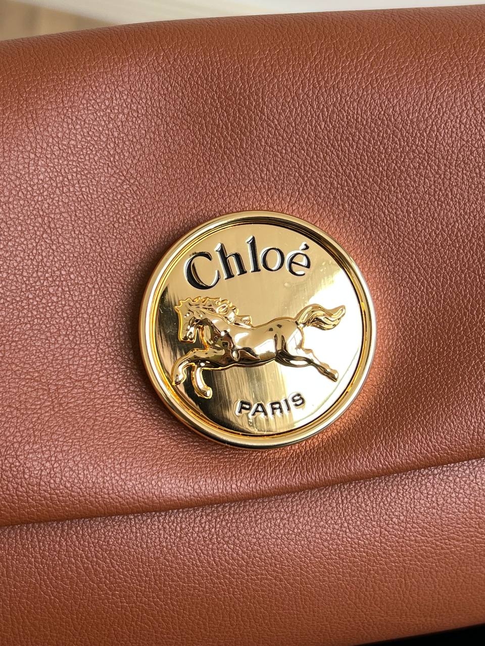 Chloe Caramel Grain Leather Pegasus Round Clasp Flap Crossbody Bag