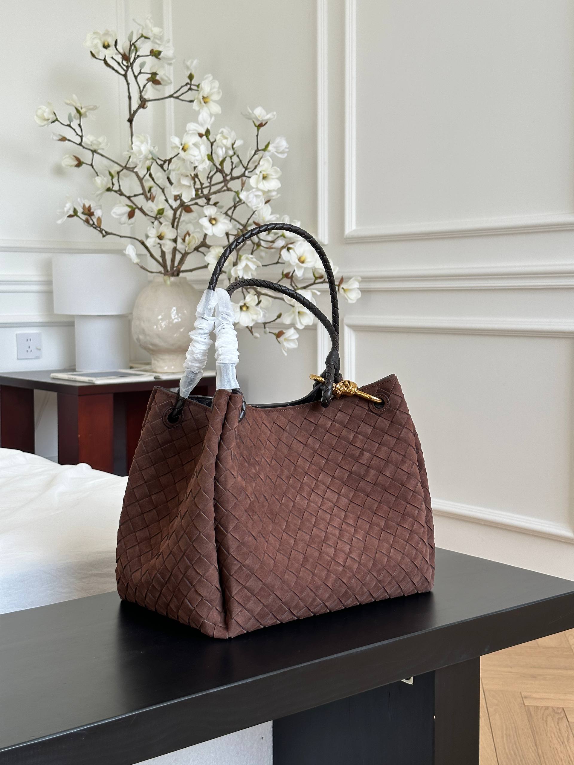 Bottega Veneta Dark Brown Suede Intrecciato Woven Knot Tote Bag