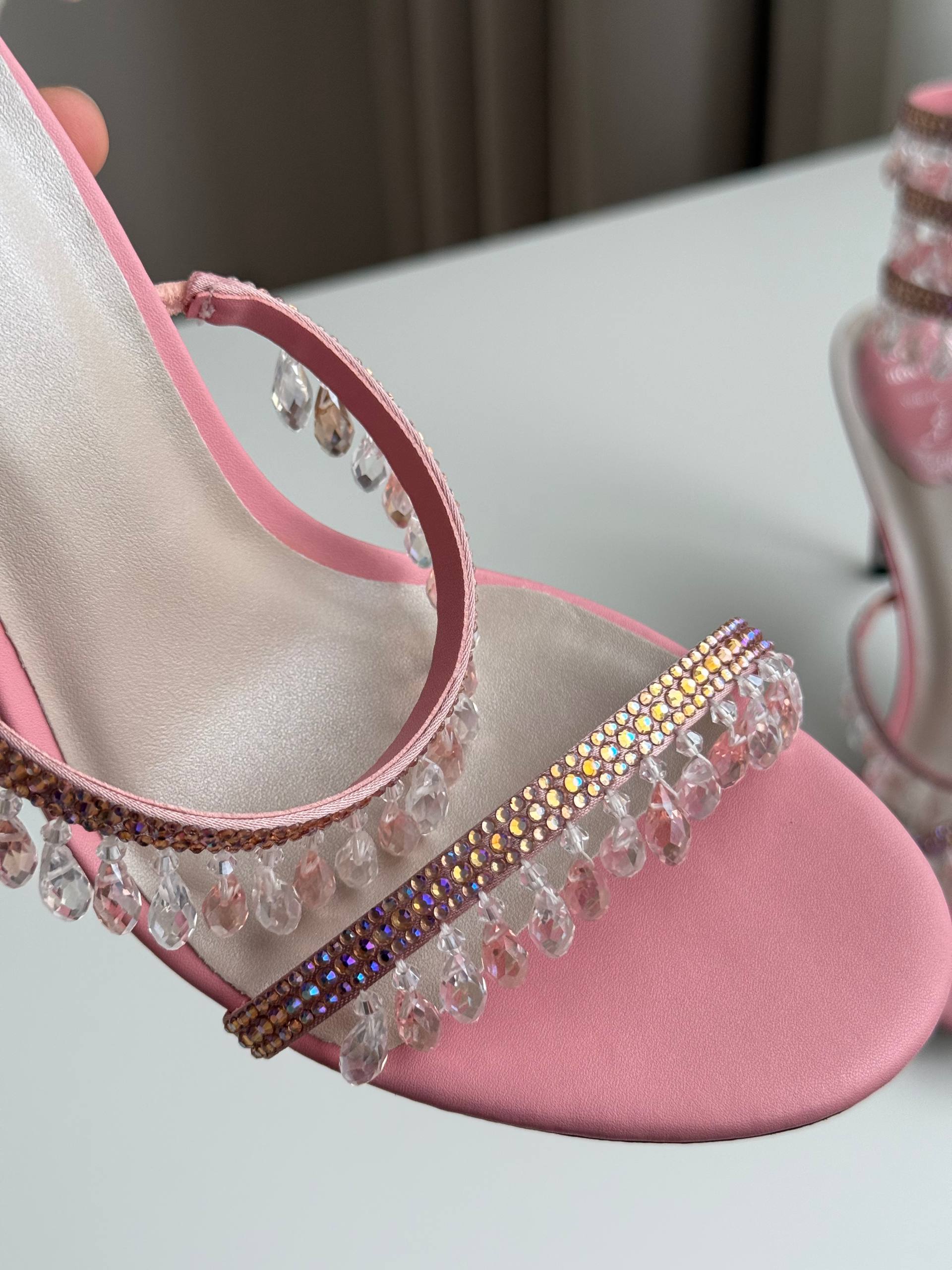 Pink Crystal Tassel Ankle Wrap Open Toe Stiletto Sandals