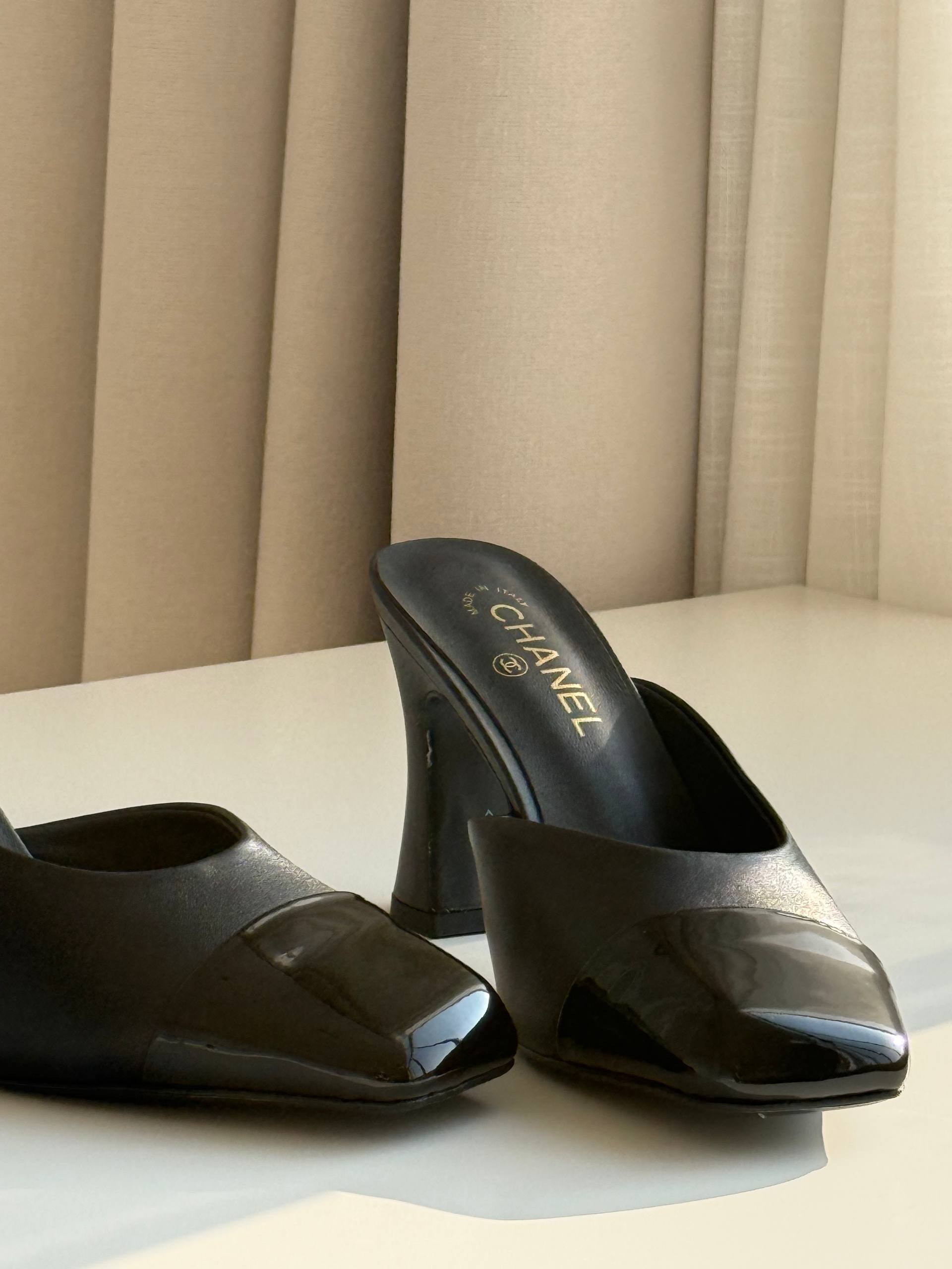 Chanel Two-Tone Square-Toe Block Heel Mules