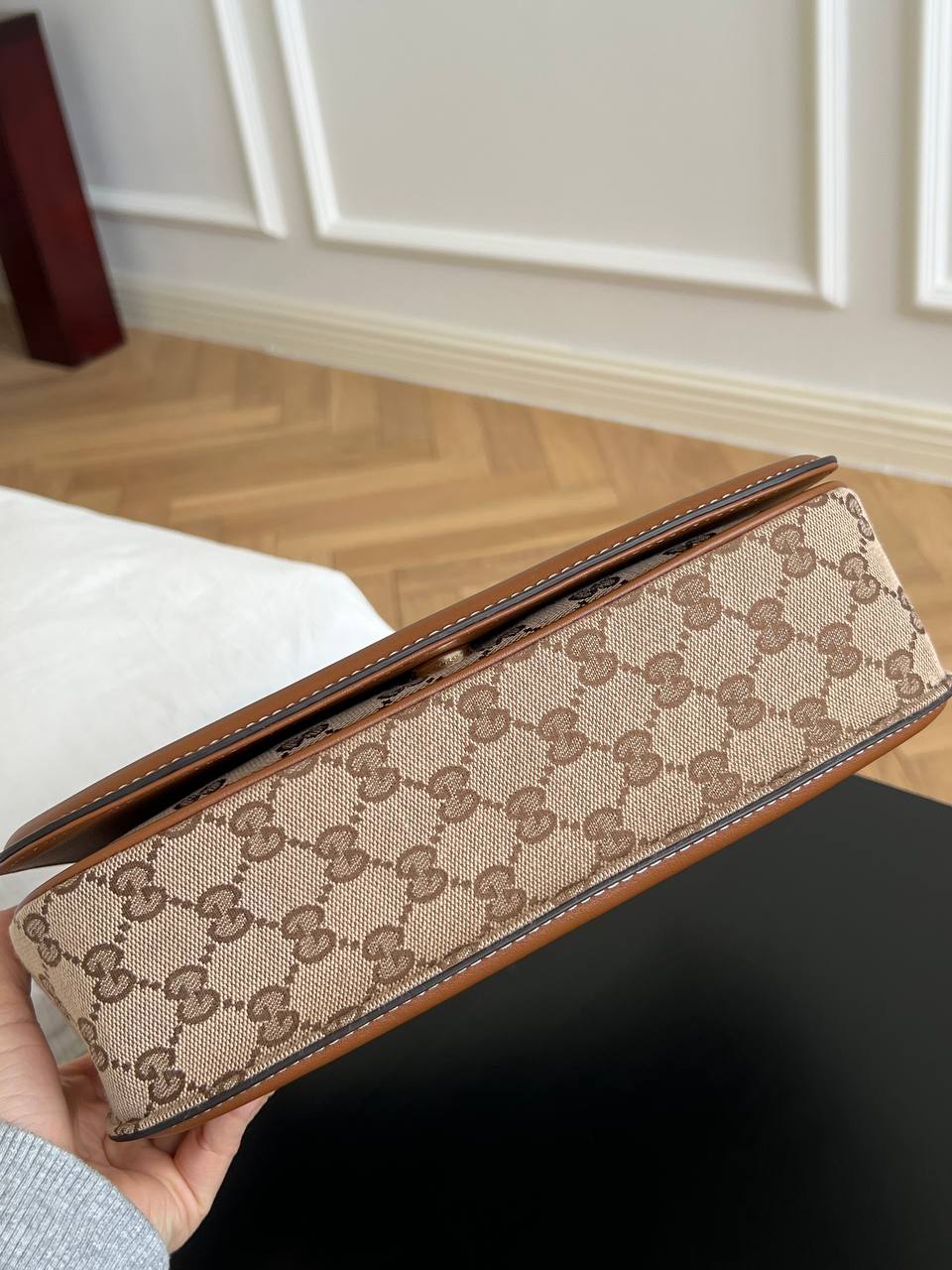 Gucci GG Monogram Canvas Brown Leather Trim Round G-logo Saddle Crossbody Bag