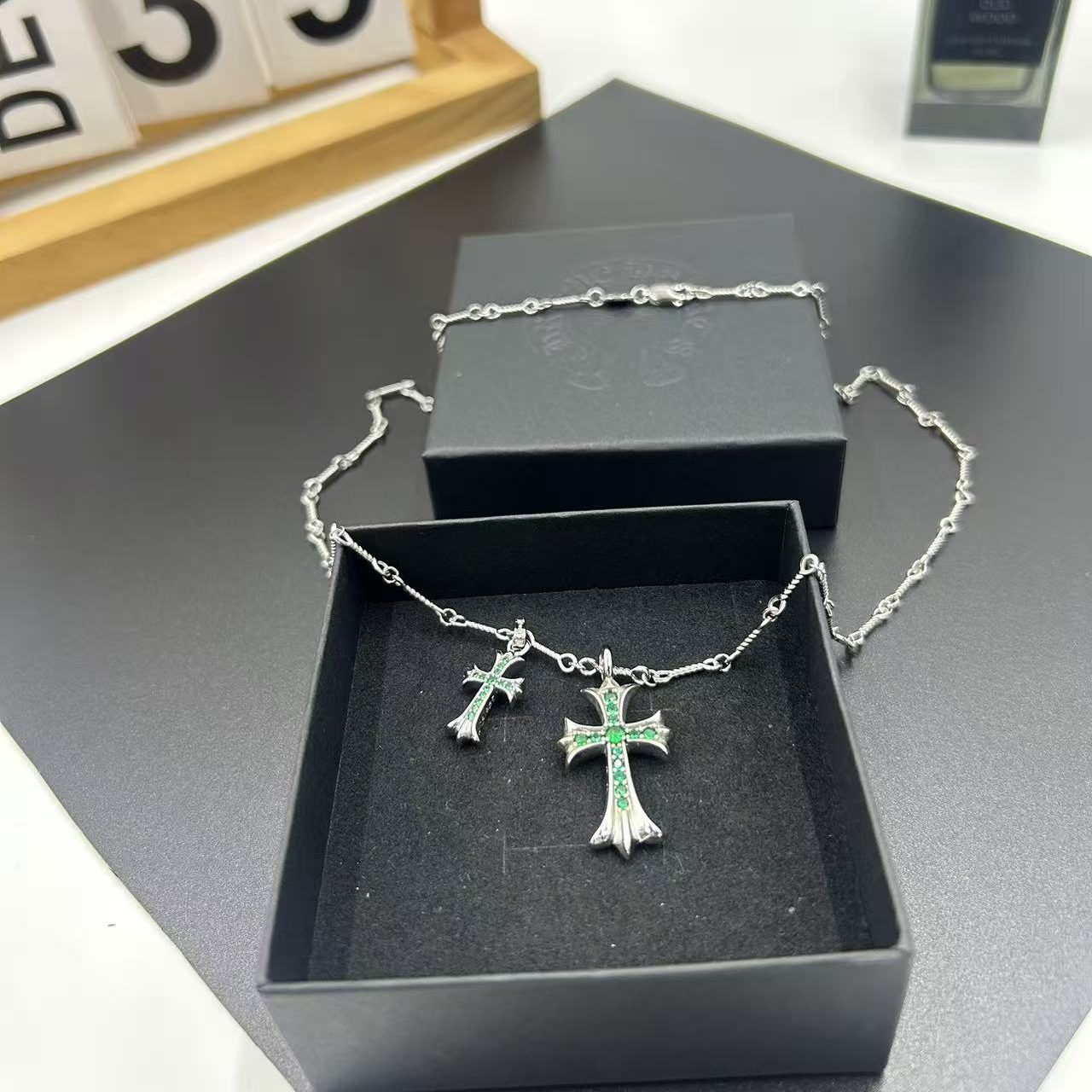 CHROME HEARTS GREEN DIAMOND DOUBLE CROSS LAYERED NECKLACE