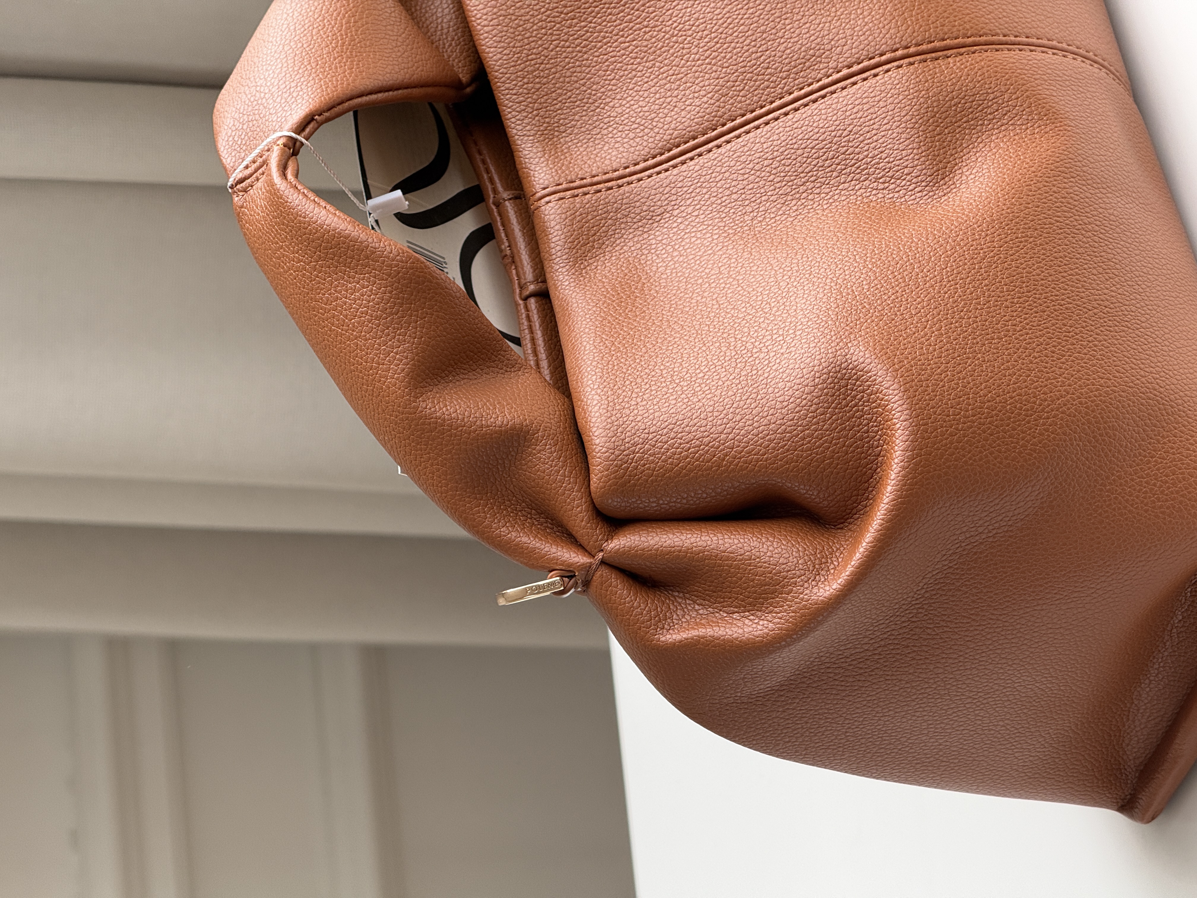 Caramel Brown Pebbled Soft Leather Ruched Handle Lazy Cloud Tote Bag