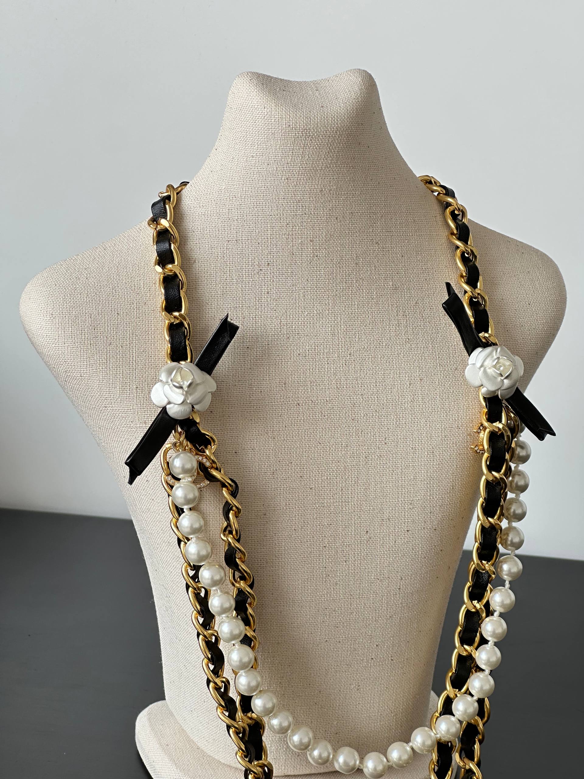 Chanel Camellia Bow Leather-Woven Chain Pearl Multi-layer Waist Chain & Long Necklace Dual-purpose