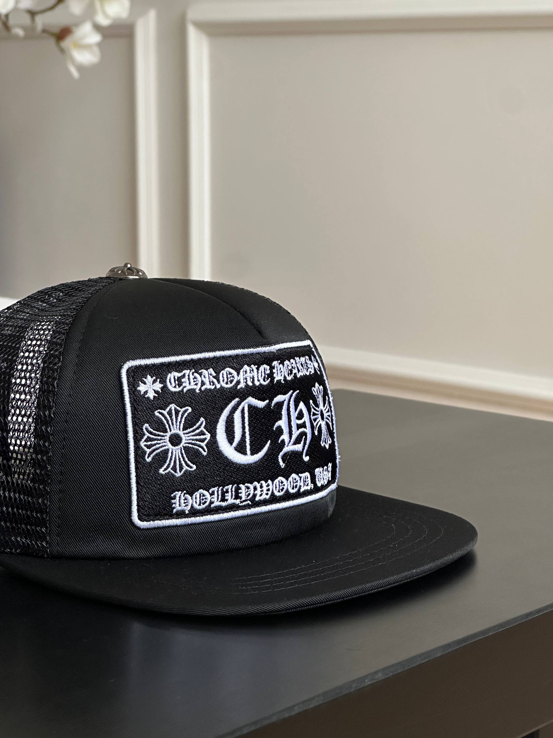 Chrome Hearts Cross Patch Mesh Trucker Flat Brim Cap