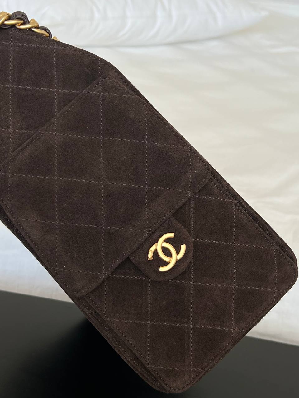 Chanel Dark Brown Suede Diamond-quilted CC Drawstring Tote Chain Bag