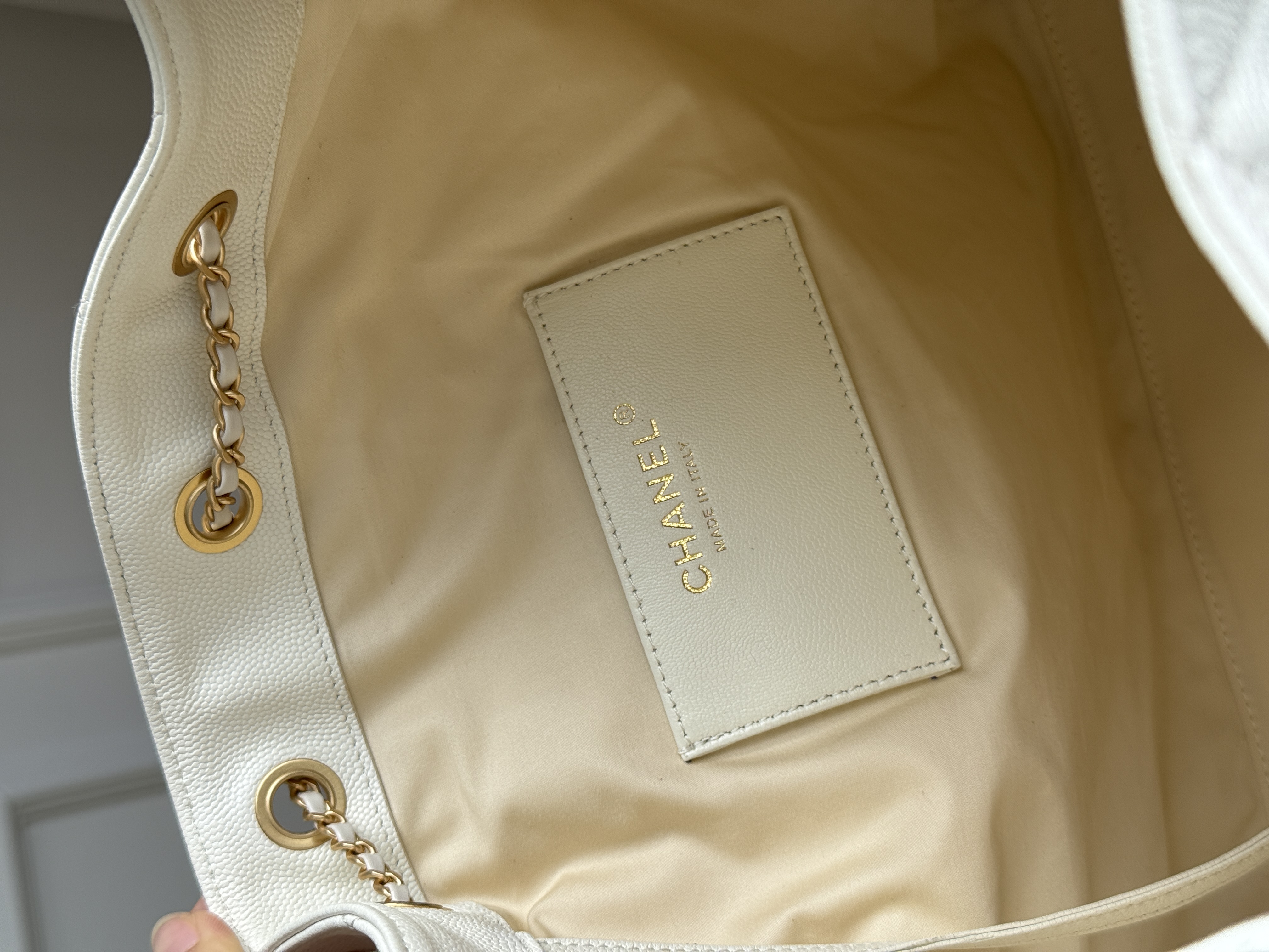 CHANEL Quilted Drawstring Bucket Bag in Milky White