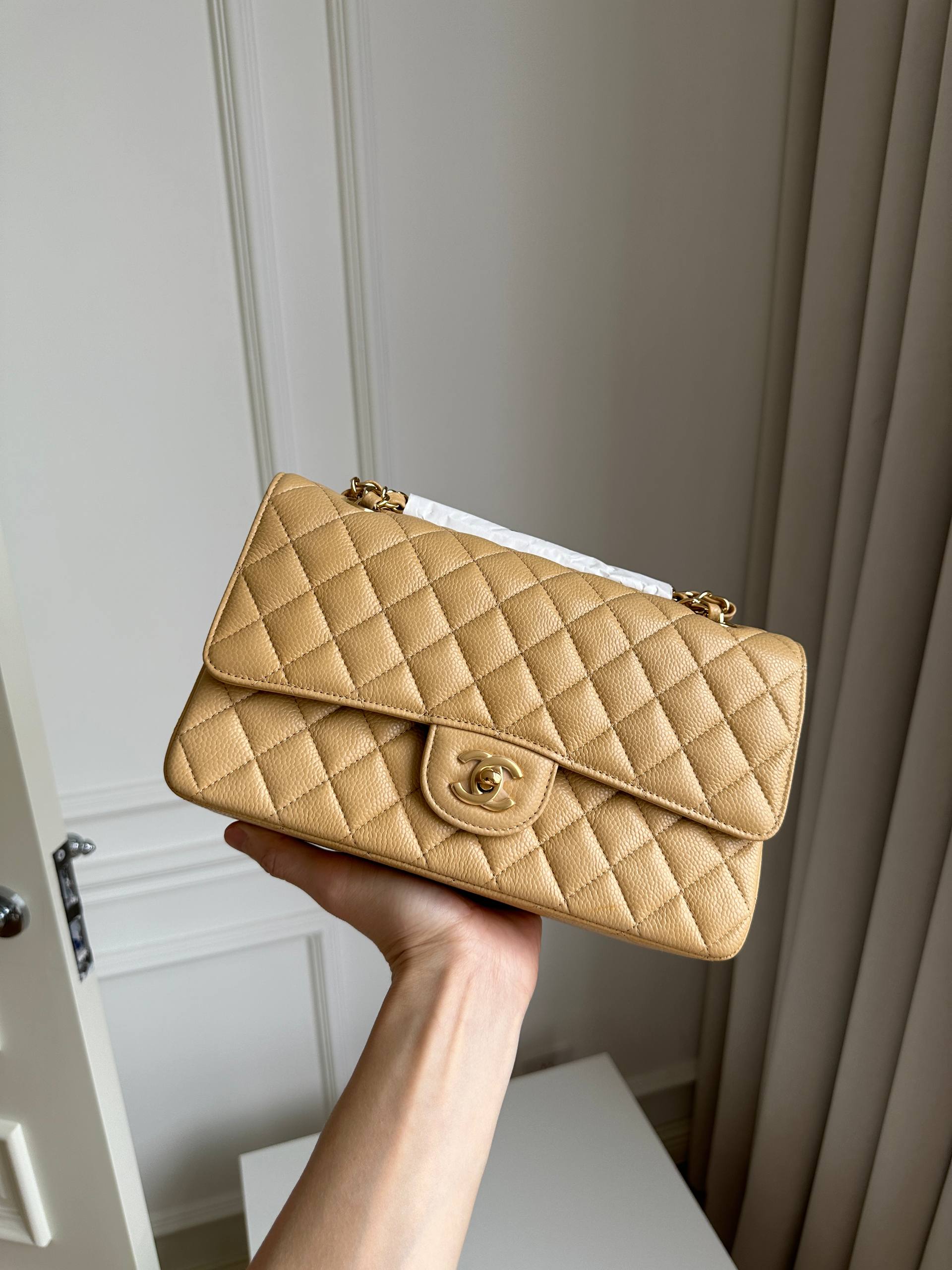 Chanel Medium Classic Flap Beige Caviar Leather Quilted Chain Bag