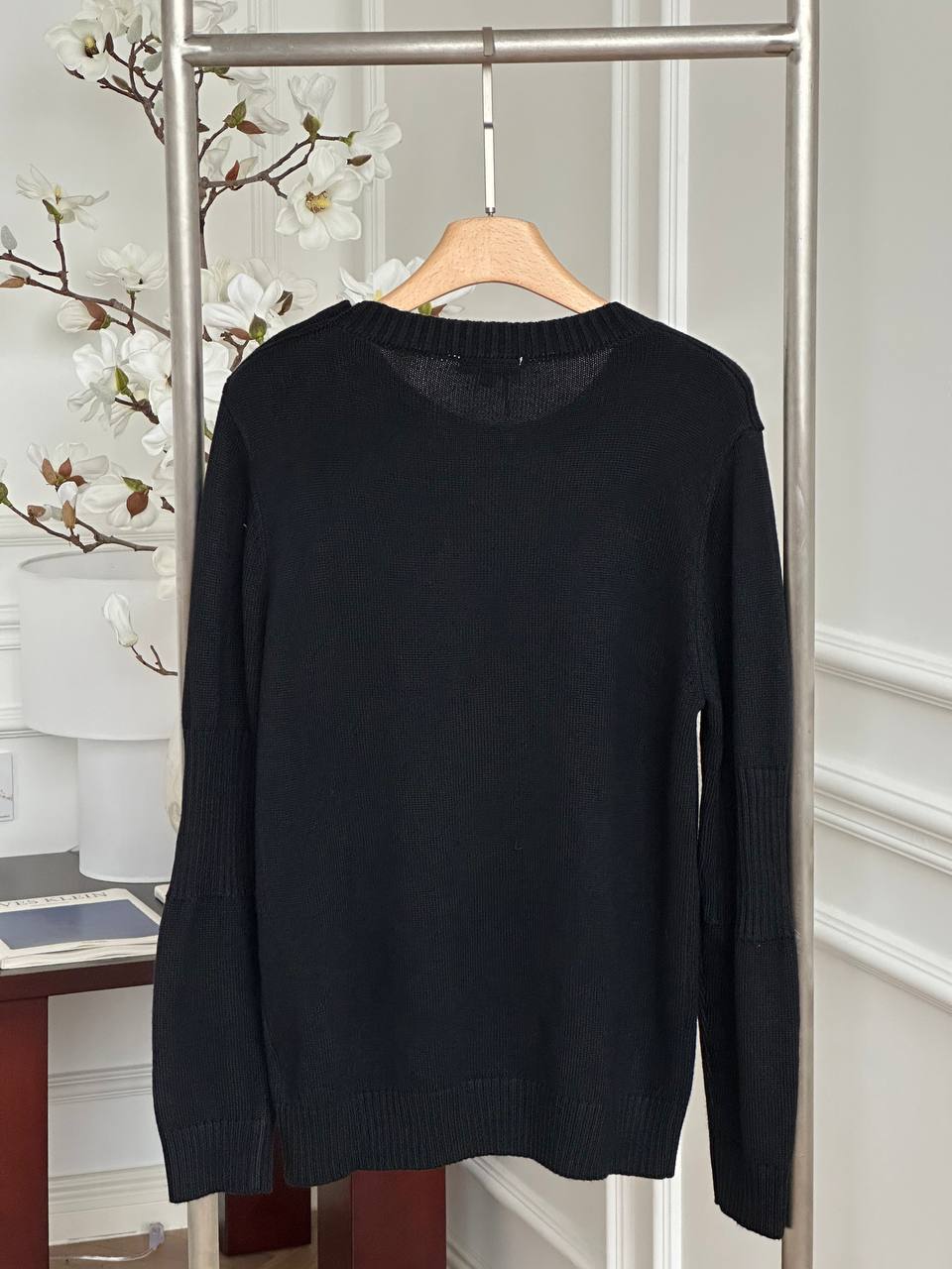 CHANEL Round Neck Wool Knit Sweater with CC Metal Buttons on Shoulder
