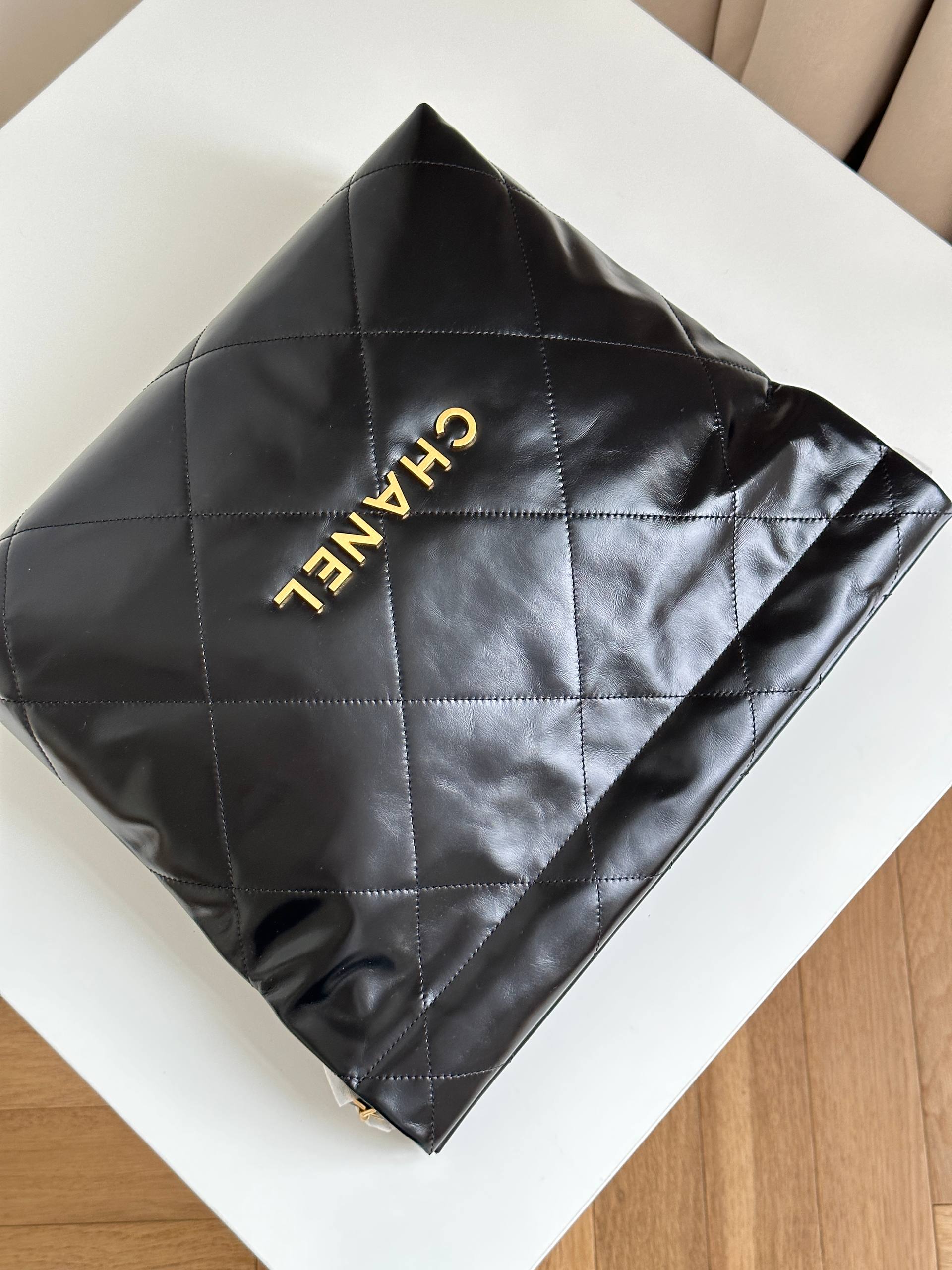 Chanel 22 Large Black Shiny Quilted Leather Tote Crossbody Bag