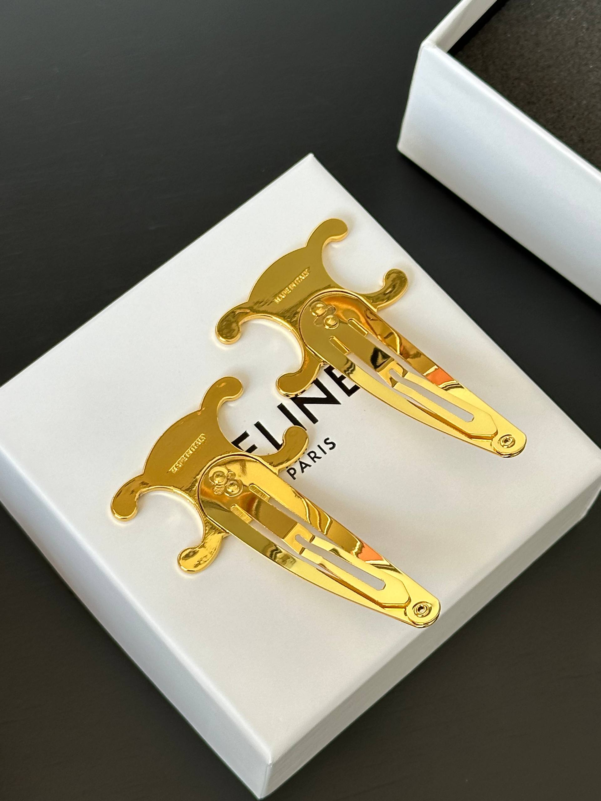 Triomphe Set of 2 Snap Hair Clips in Brass with Gold Finish and Steel