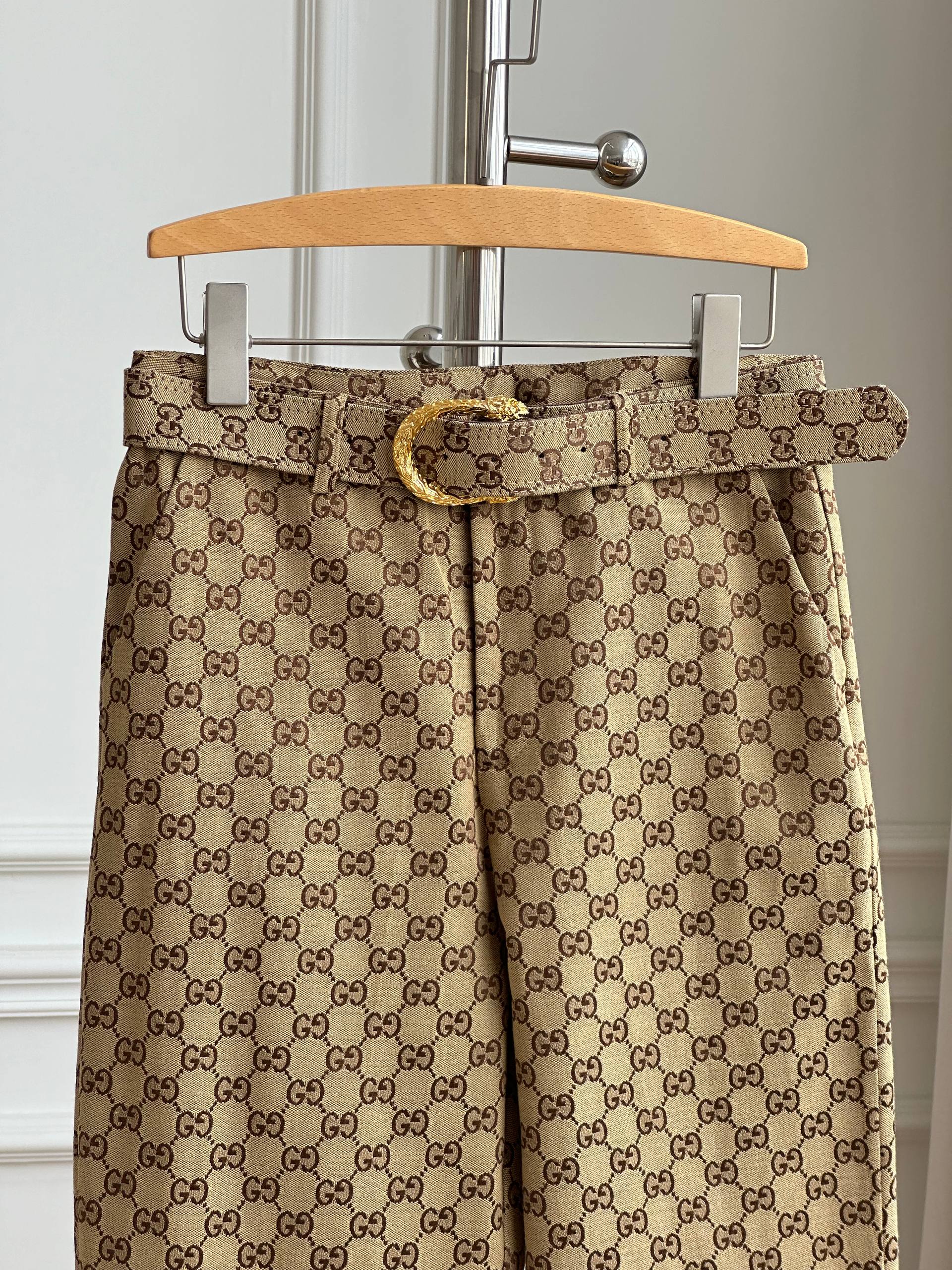 Gucci GG Monogram Belted Wide Leg Trousers