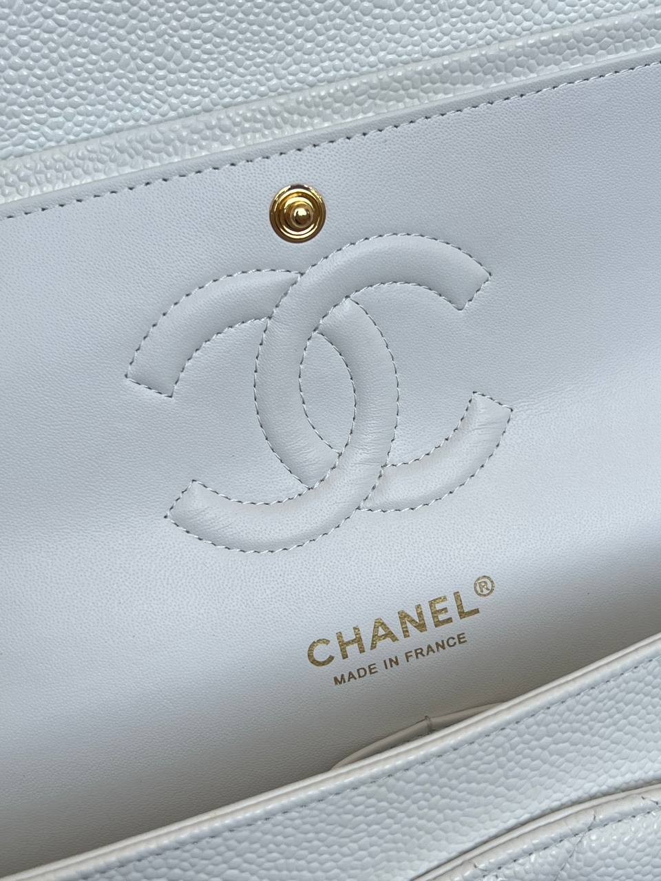 Chanel White Caviar Leather Classic Flap Medium Gold Hardware Handbag