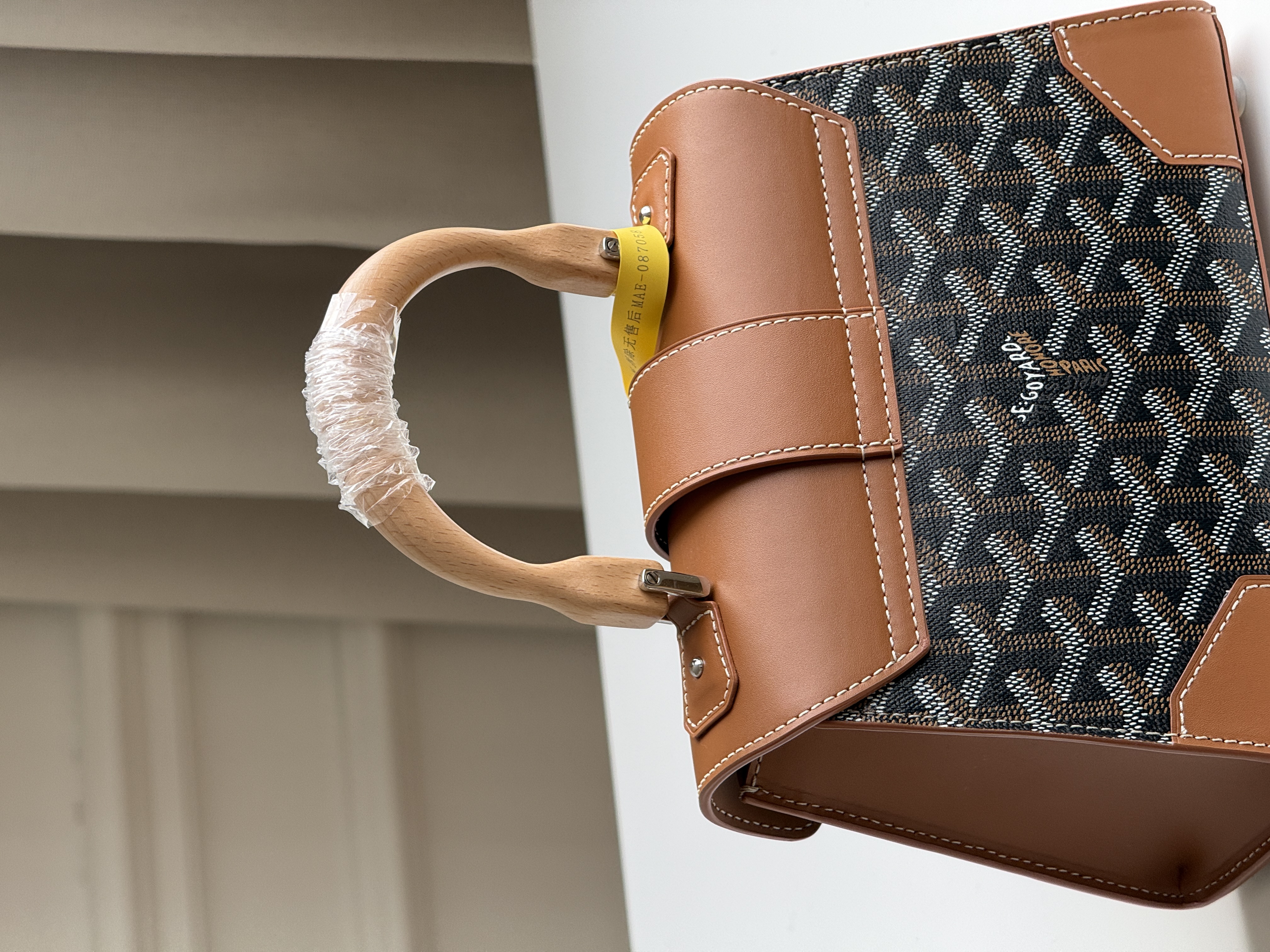 Goyard Mini Saigon Souple Black Goyardine Canvas Beech Wood Handle Handbag