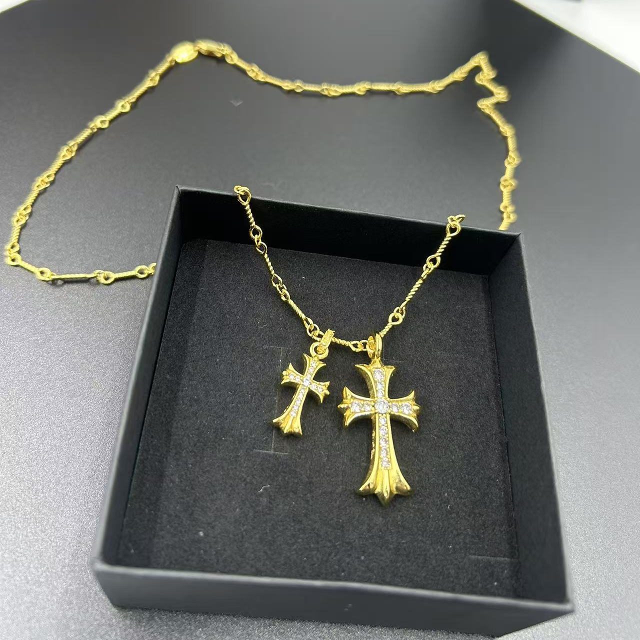 CHROME HEARTS 22K GOLD DOUBLE CROSS LAYERED NECKLACE WITH FULL DIAMOND EMBELLISHMENT