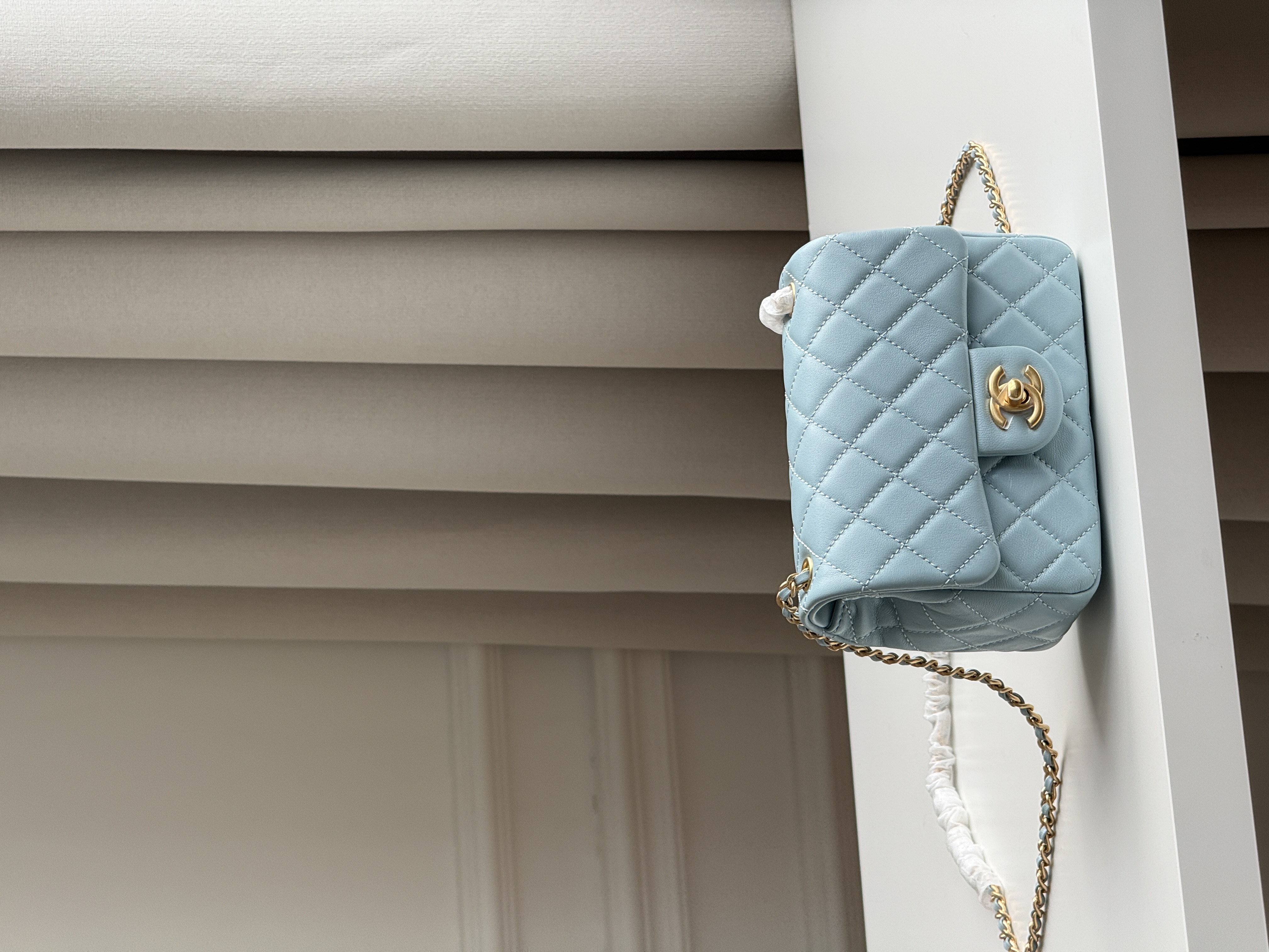Chanel Baby Blue Lambskin Mini Classic Flap Gold CC Chain Bag