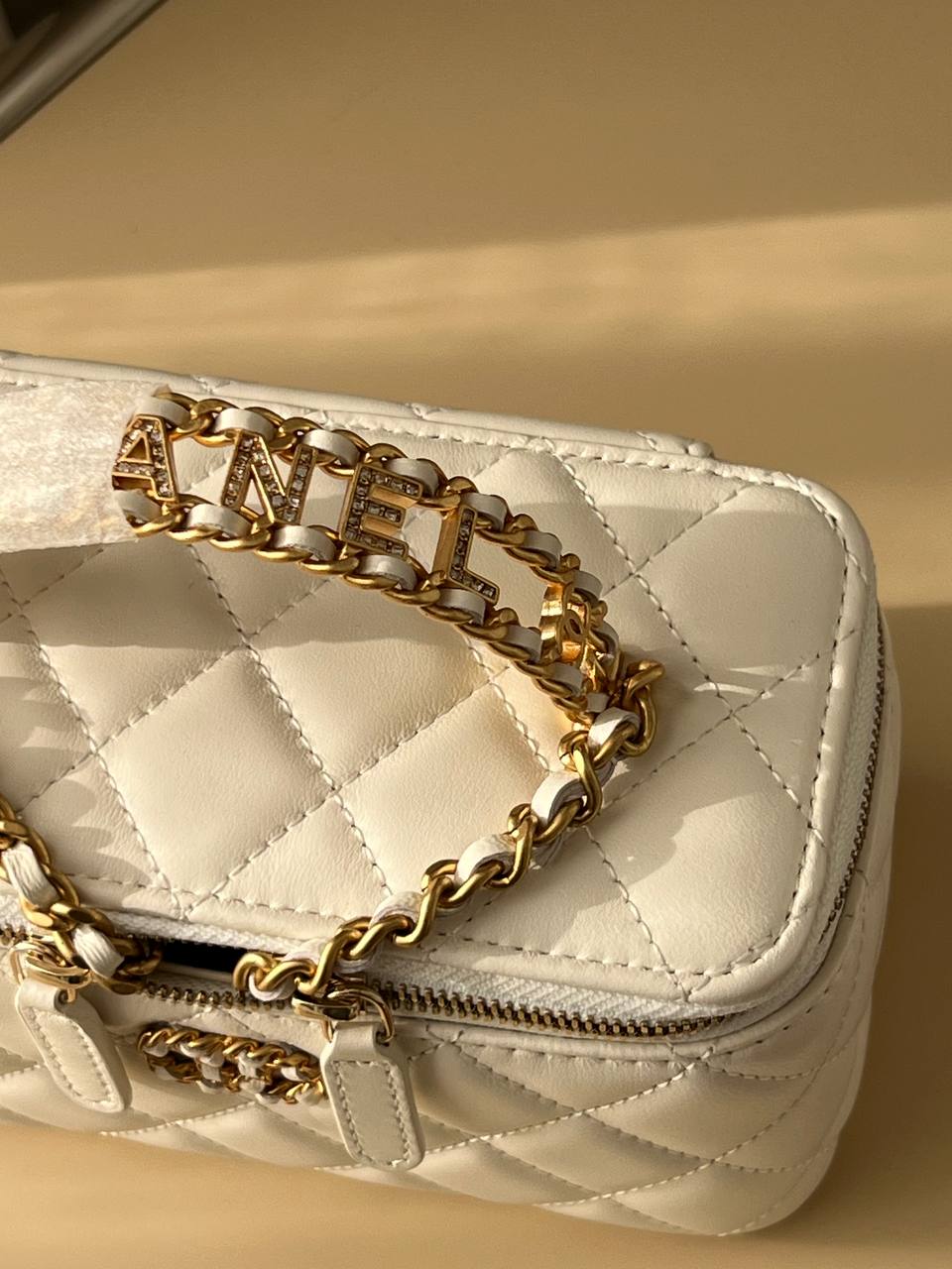 Chanel Cream White Smooth Lambskin Quilted Vanity Case Bag With Top Handle & Interwoven Chain Strap