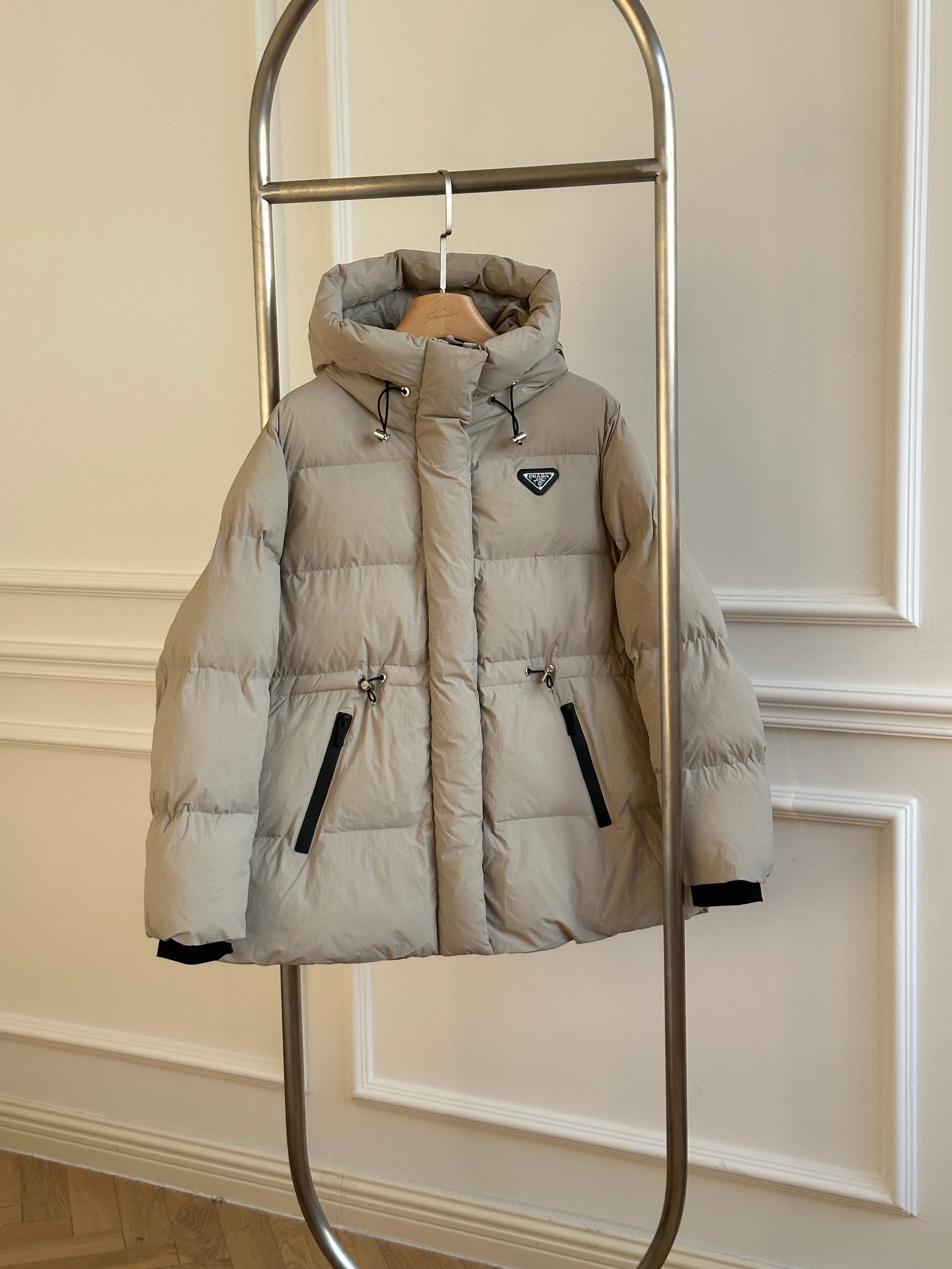 Prada Hooded Loose Down Jacket with Triangle Logo & Waist Drawstring