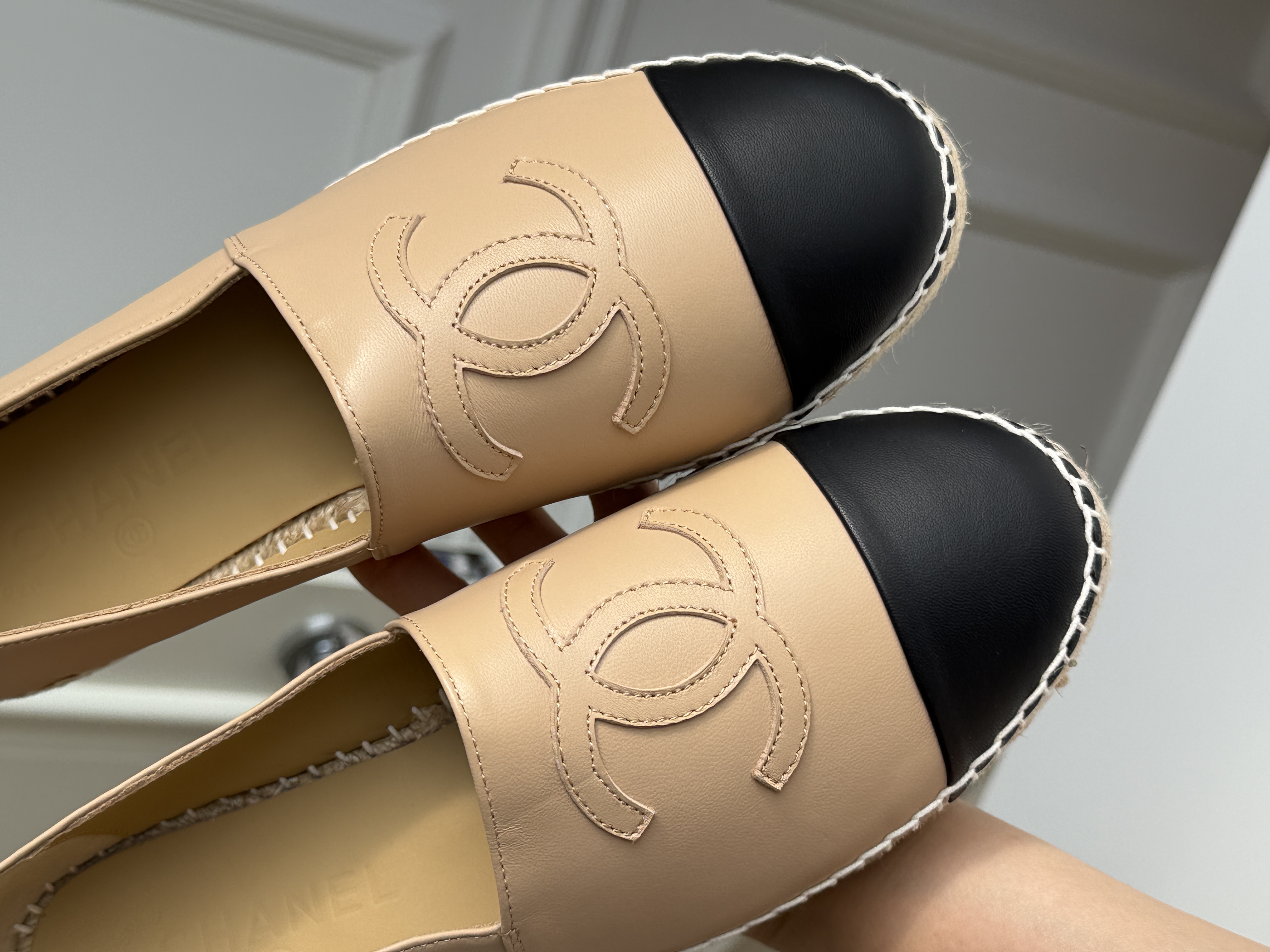 Chanel Beige & Black Lambskin Interlocking CC Embroidery Flat Espadrilles