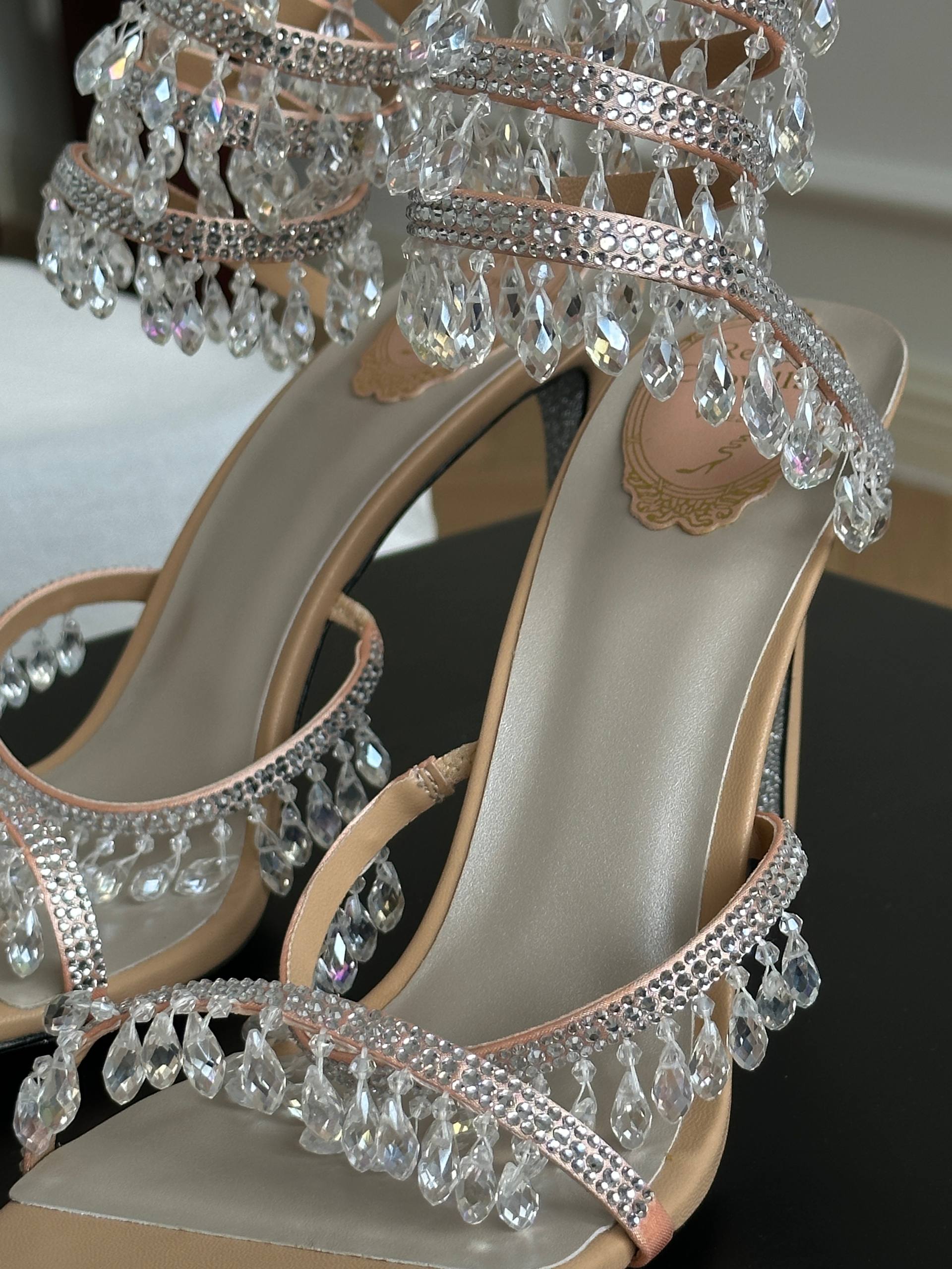 Rene Caovilla Nude Multi-layer Crystal Ankle Wrap Tassel Stiletto Heel Sandals