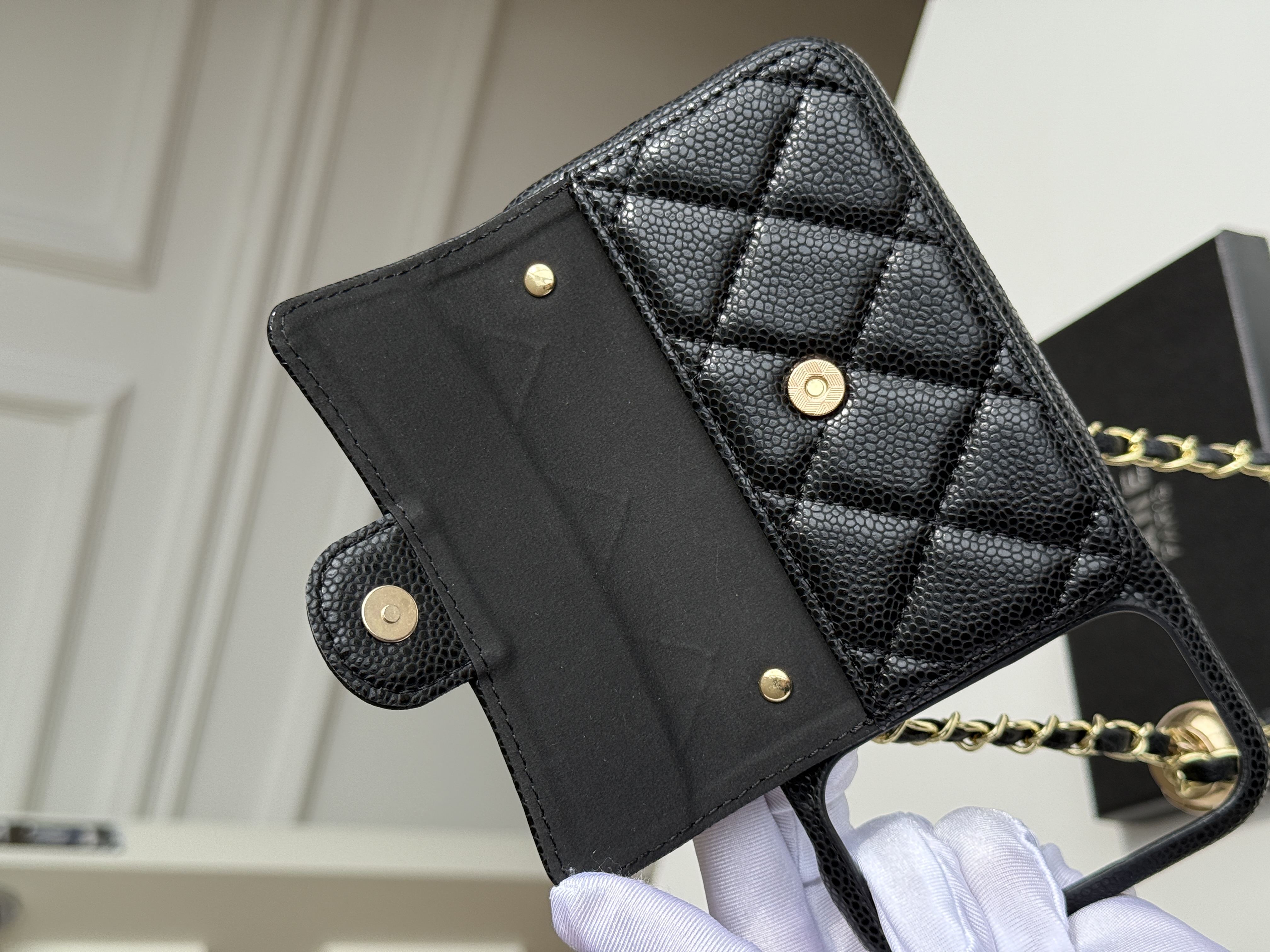 Chanel Black Caviar Leather Quilted Phone Holder Chain Crossbody Bag