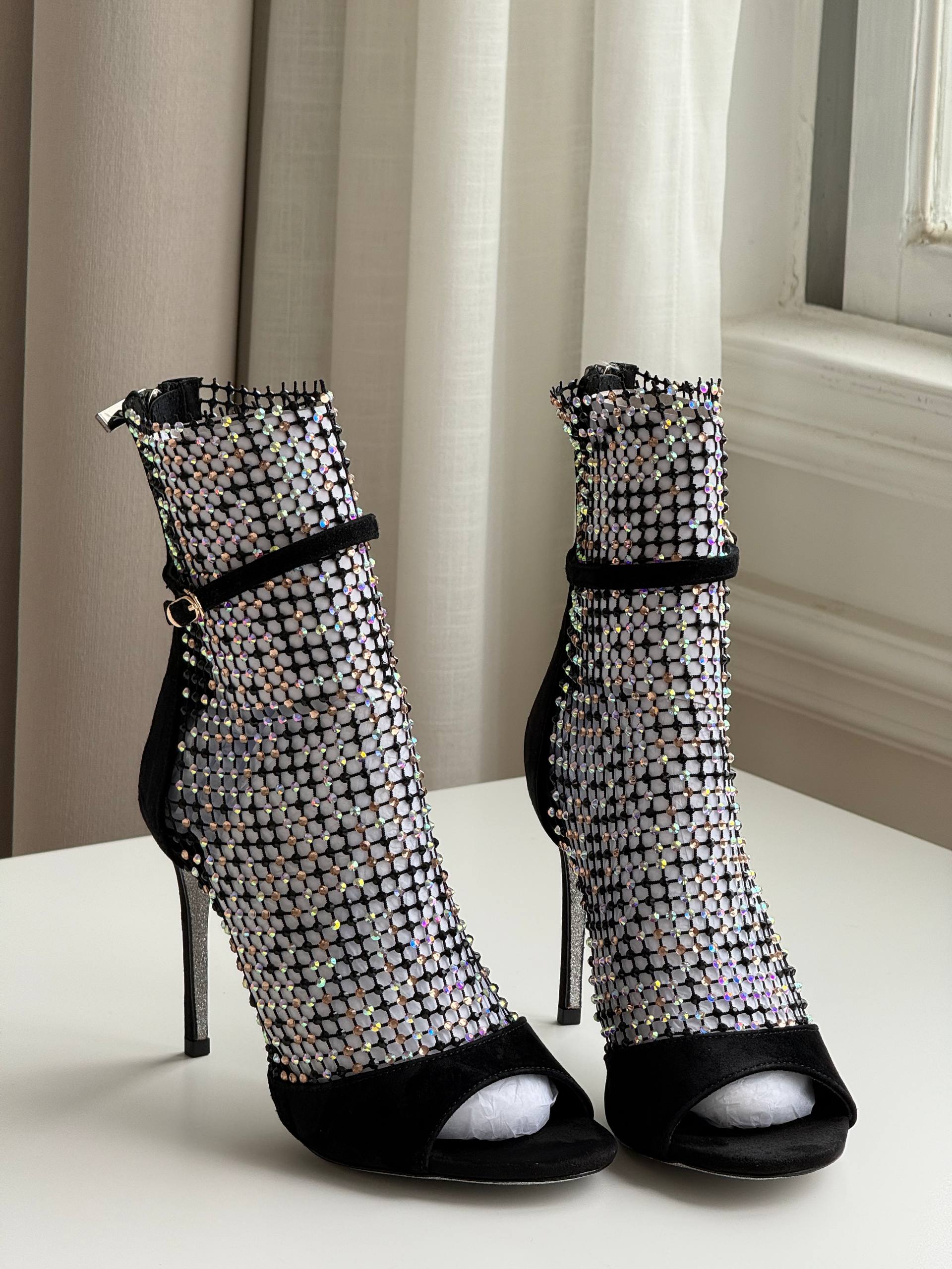 Rene Caovilla Fishnet Crystal Open-Toe Stiletto Ankle Boots