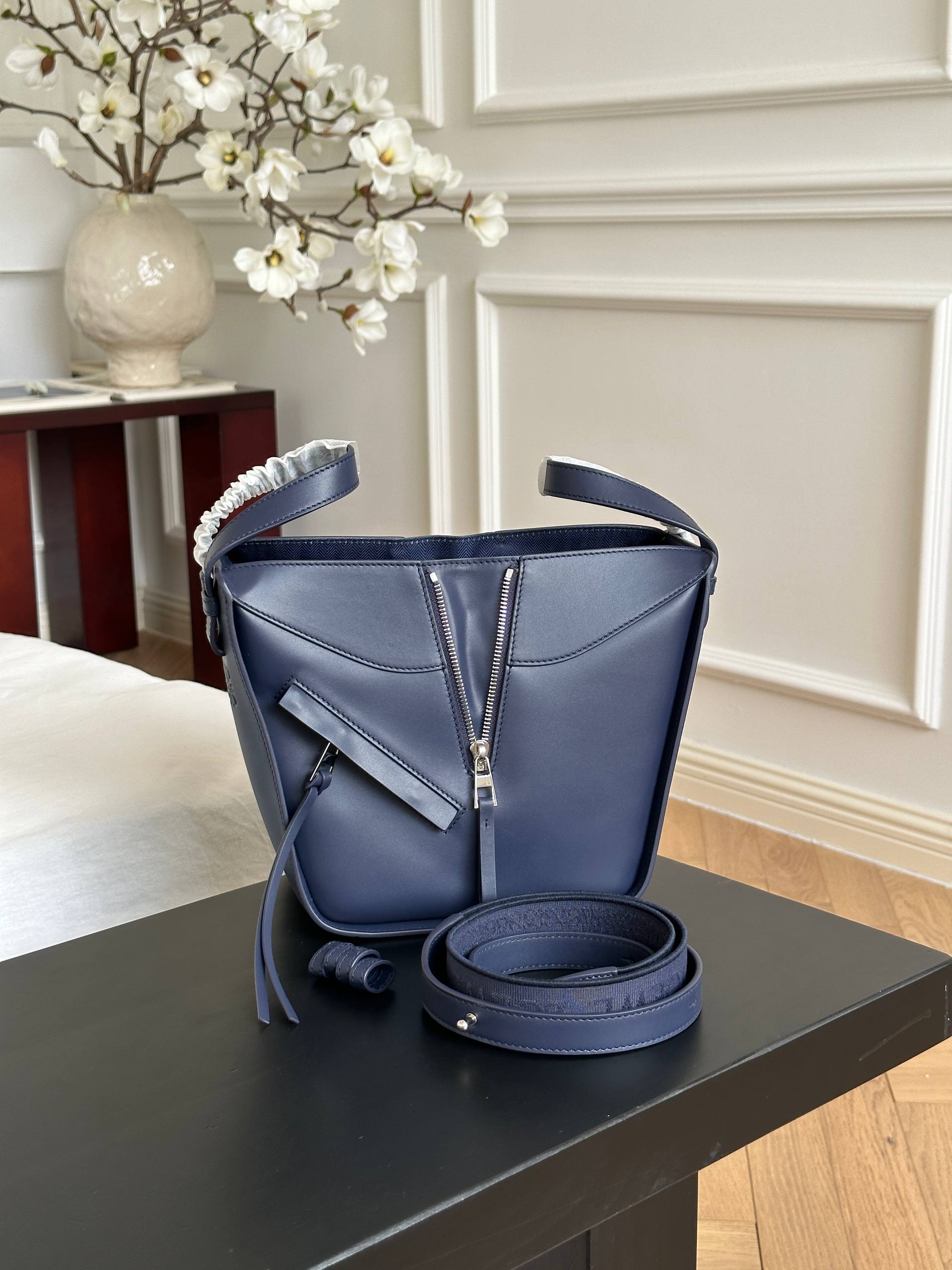 LOEWE Small Hammock Dark Navy Smooth Leather Bag with Anagram Webbing Strap
