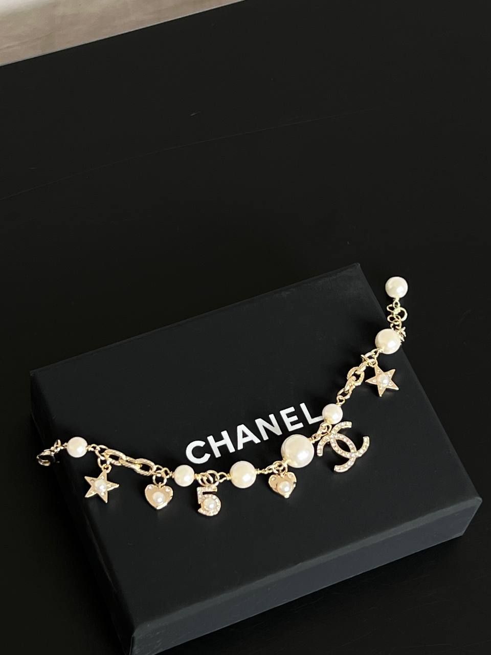 Chanel Light Gold Chain Bracelet With Crystal CC, Pearl, Star, Heart & No.5 Charms Adjustable