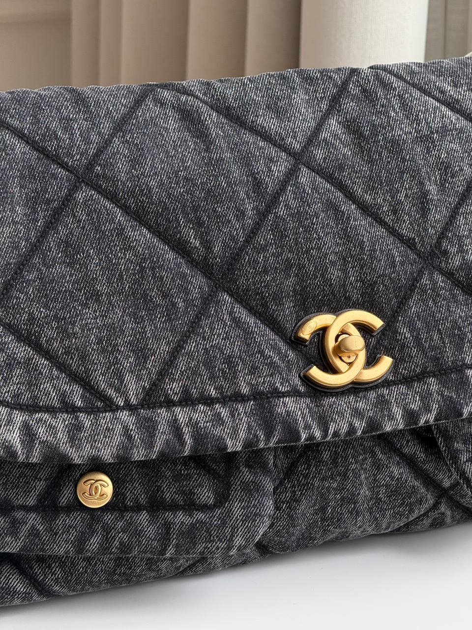 CHANEL Washed Black Denim Quilted Large Flap Bag with Gold-Tone Hardware