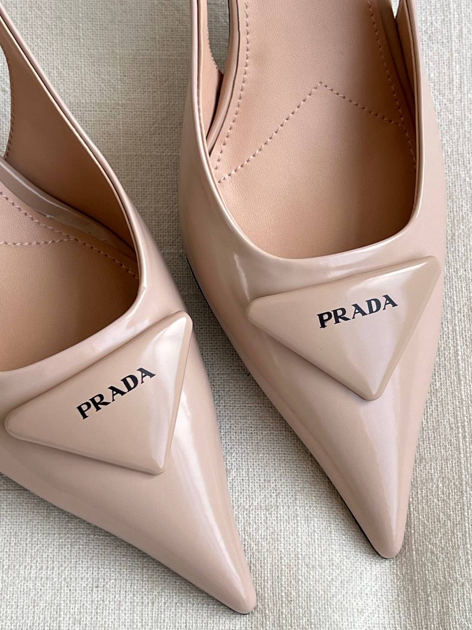 Prada Nude Patent Leather Pointed Toe Slingback Stiletto Heels