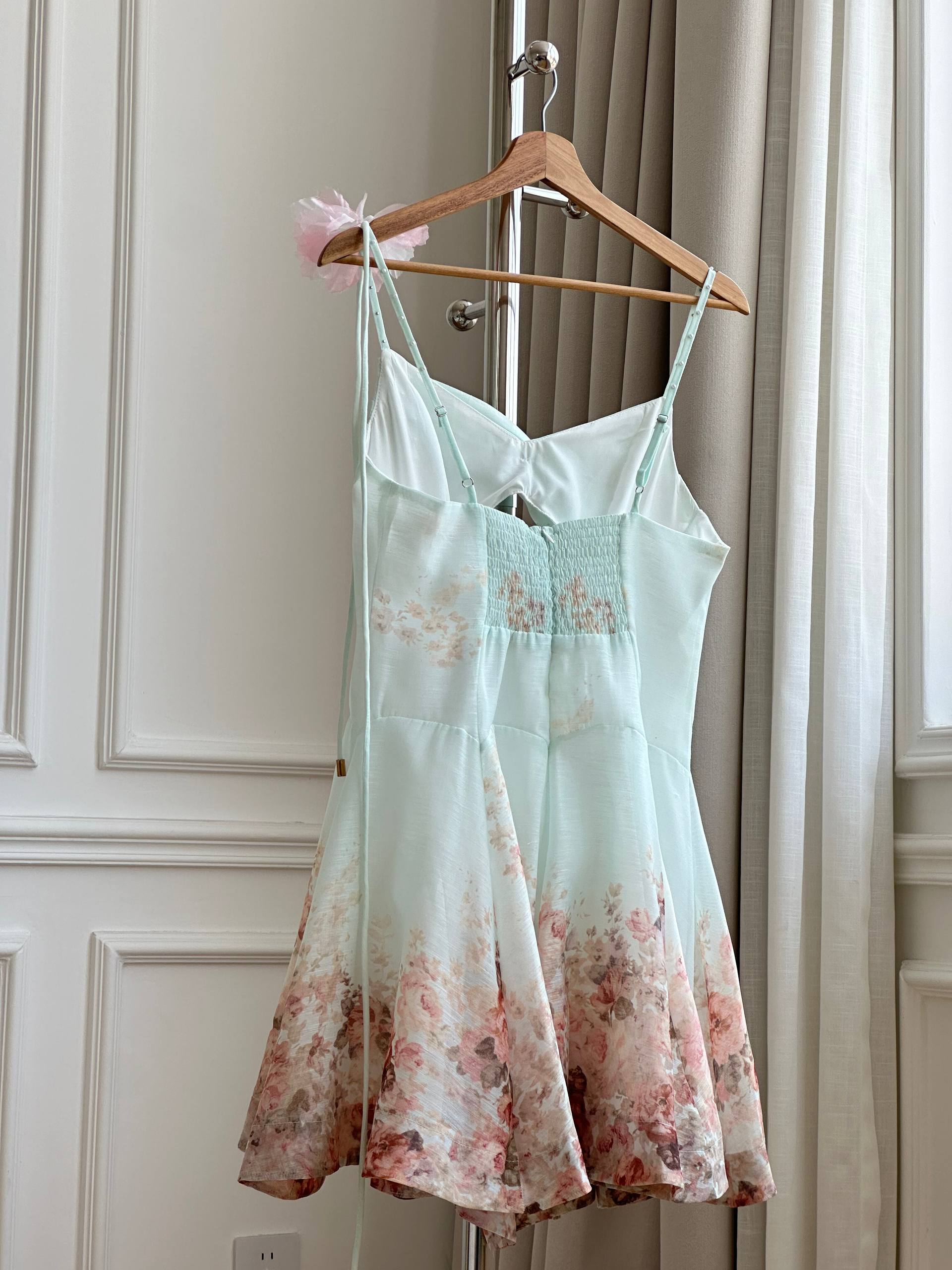 Zimmermann Mint Green Rose Print Ruched Bustier Mini Dress