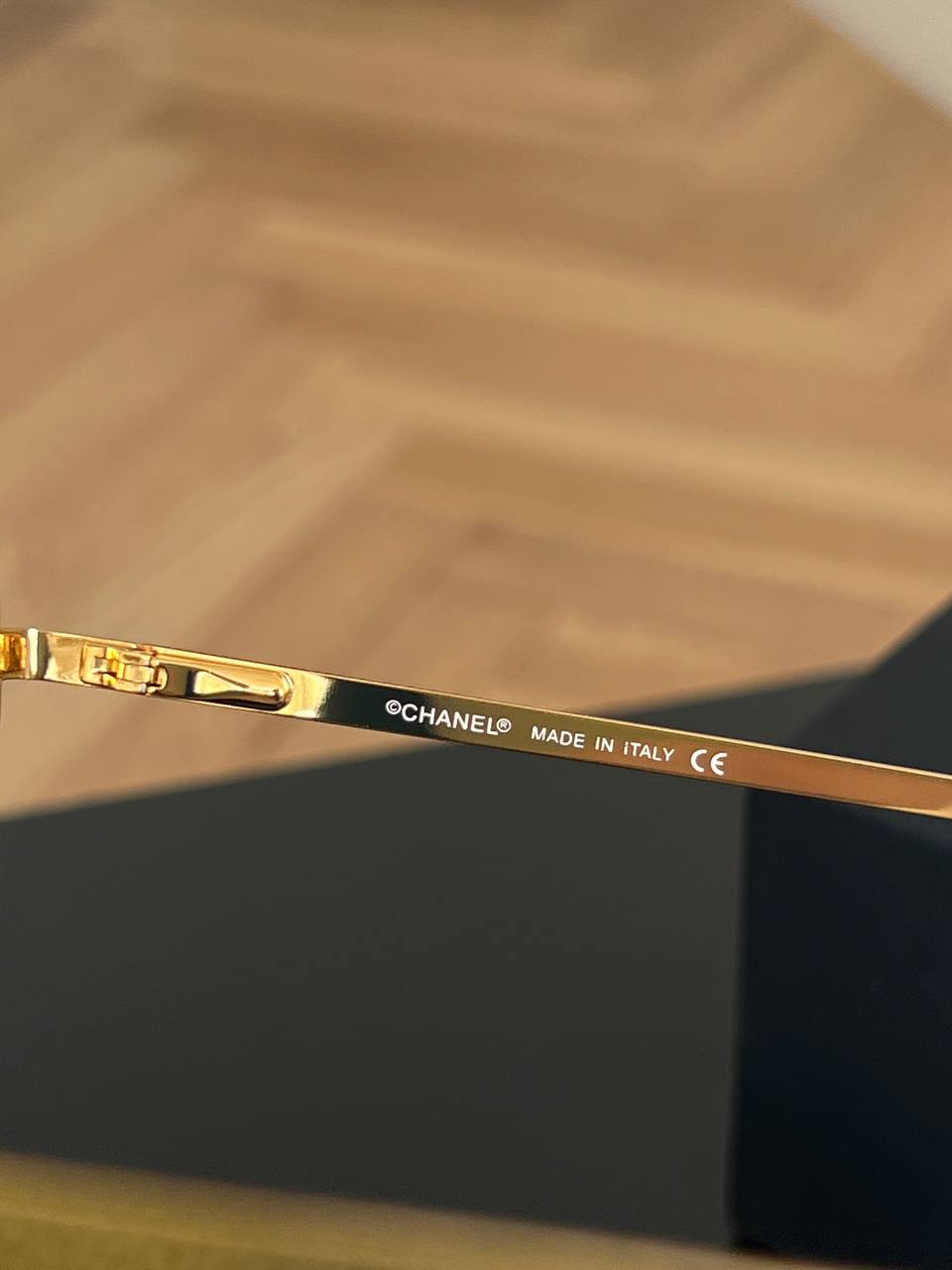 Chanel Gold Rimless Square Sunglasses With Crystal Interlocking CC Logo Gradient Brown Lenses