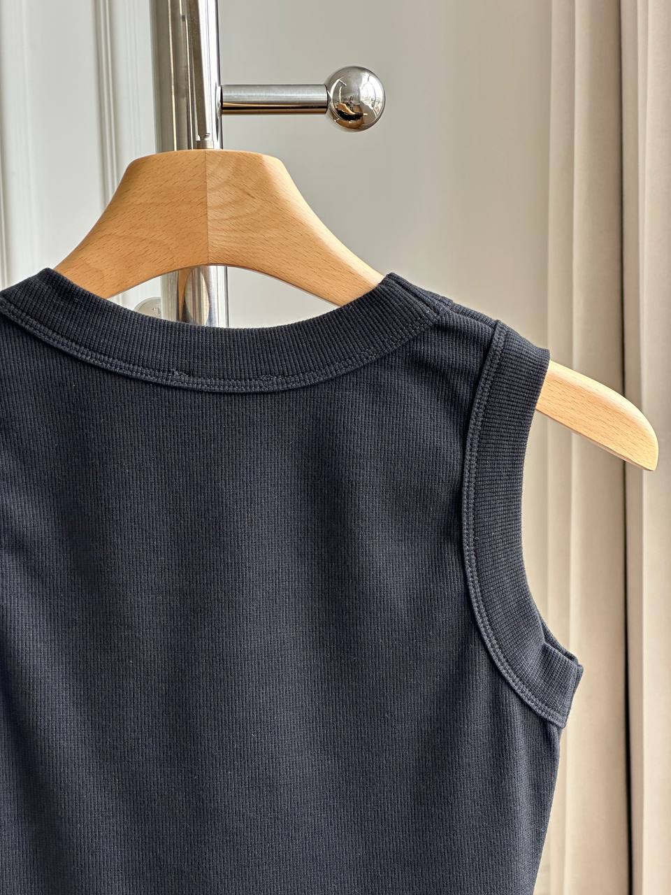 Saint Laurent Black Ribbed U-Neck Wide Strap Tank Top With White YSL Embroidery Logo